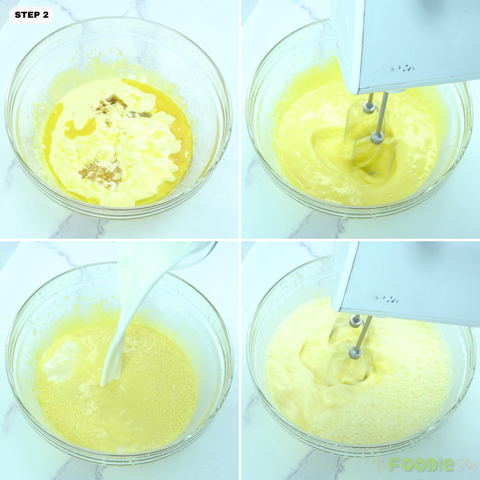 Butter, vanilla, flour, and milk mixed into egg yolk batter for custard cake.