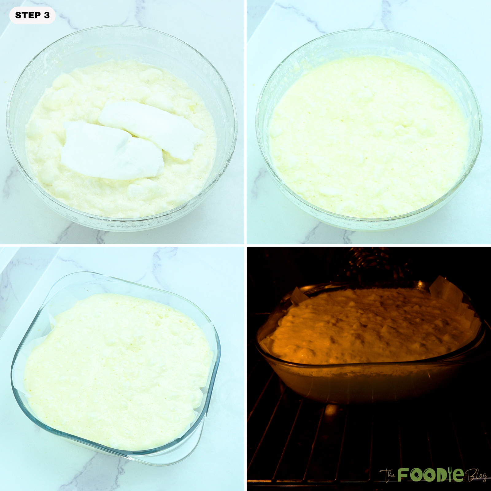 Whipped egg whites folded into thin custard batter before baking in a lined square pan.