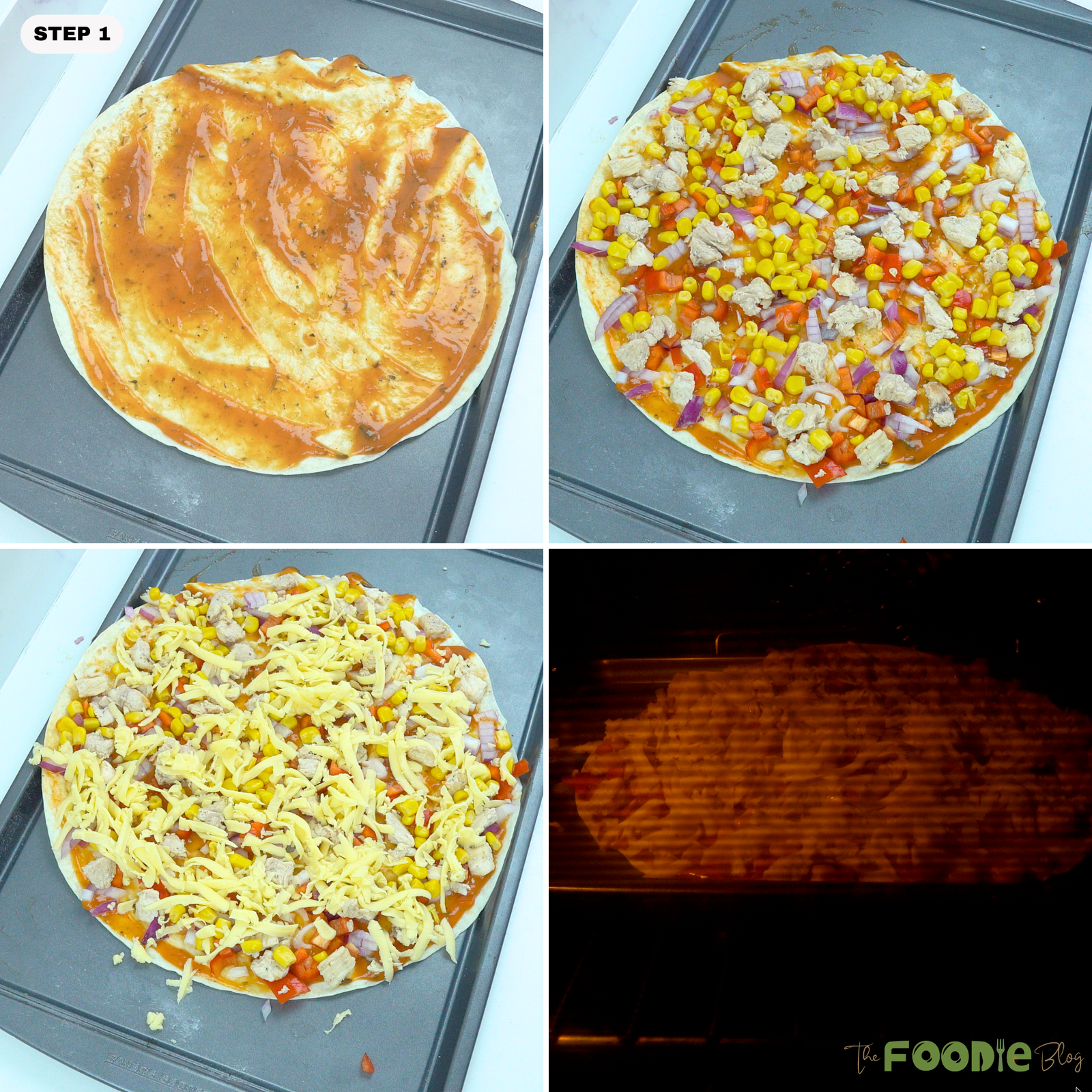 Flatbread spread with enchilada sauce, topped with chicken, corn, vegetables, cheese, and baked in the oven.