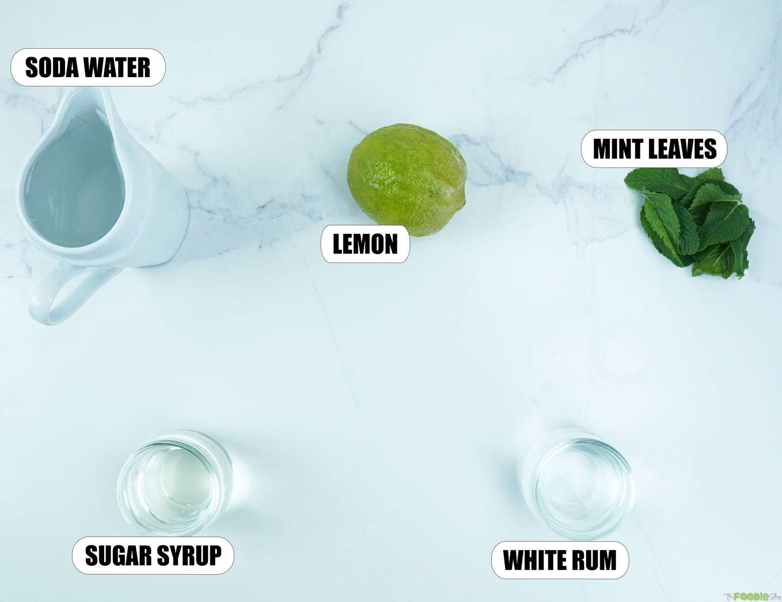Ingredients for a mojito including soda water, lemon, mint leaves, sugar syrup, and white rum on a marble surface.
