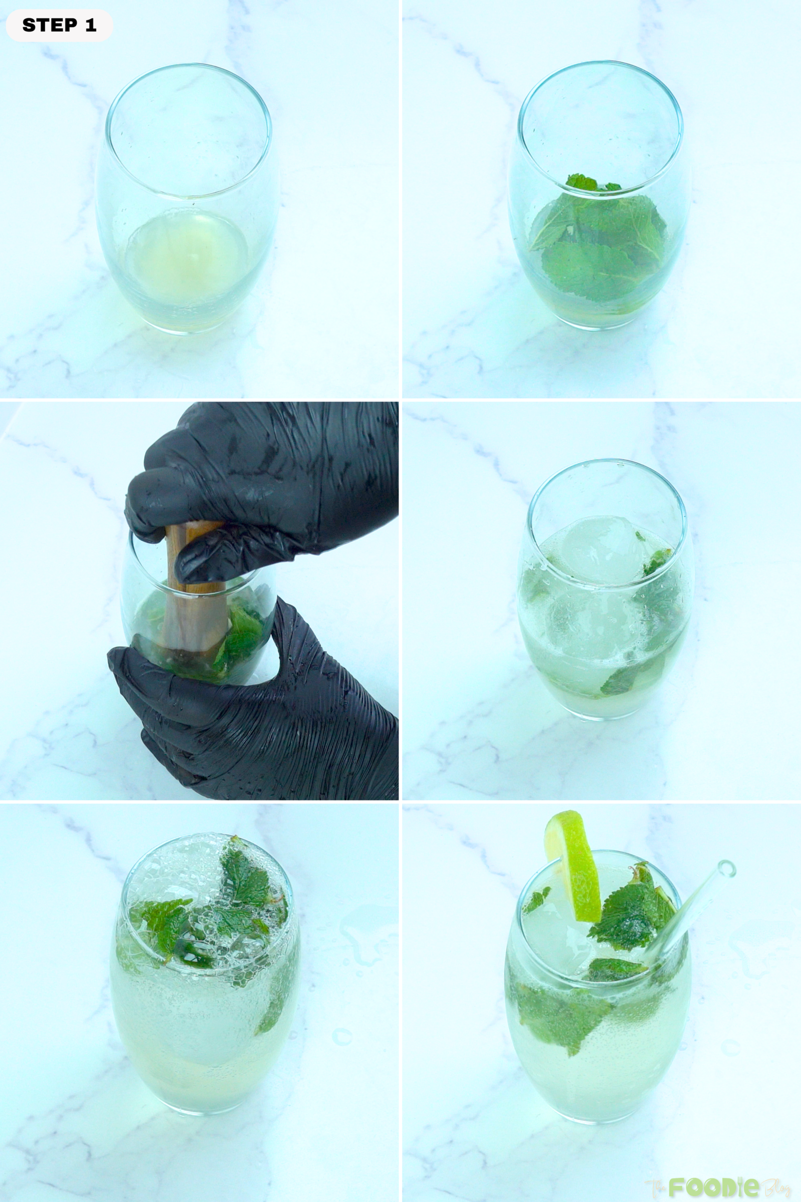 Step-by-step collage showing lime juice, mint leaves, muddling, ice, soda water, and garnish for making a mojito.