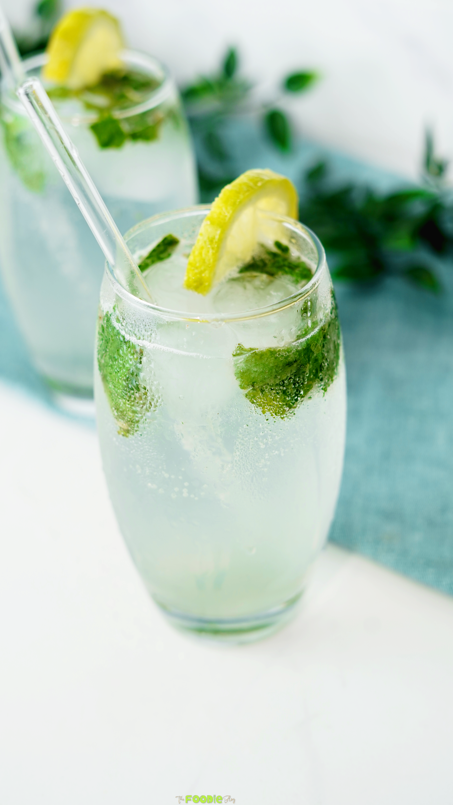 Mojito cocktail served in a glass with mint leaves, ice, bubbles, a lemon slice, and a straw.