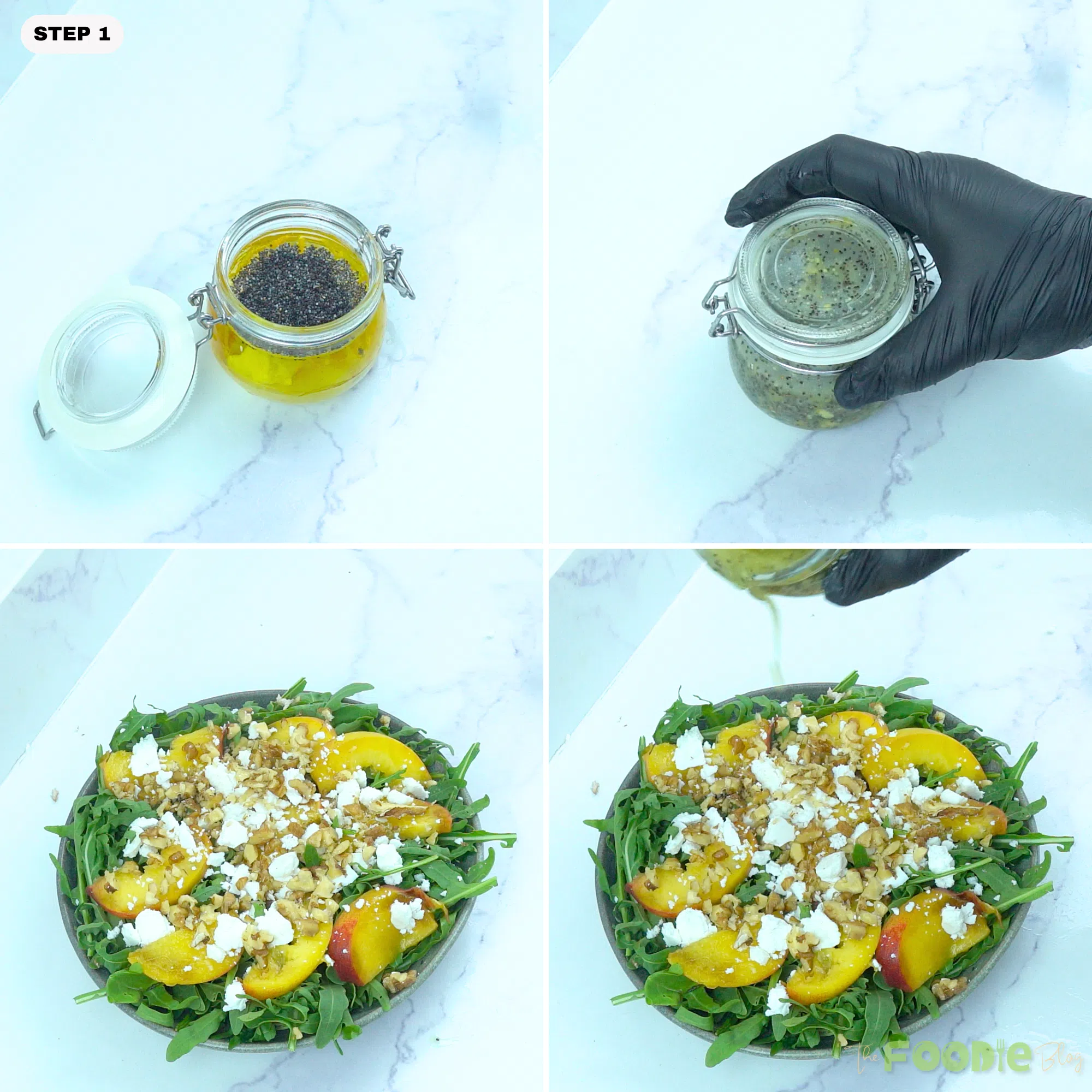 Step-by-step collage showing poppyseed dressing being mixed and poured over peach salad.