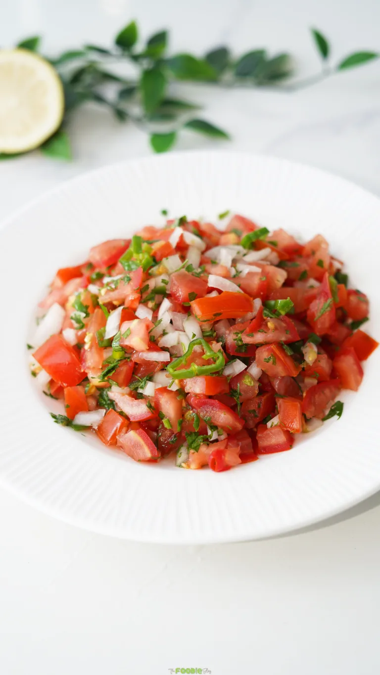 Close-up of fresh Pico de Gallo with tomatoes, white onion, cilantro, and jalapeño.