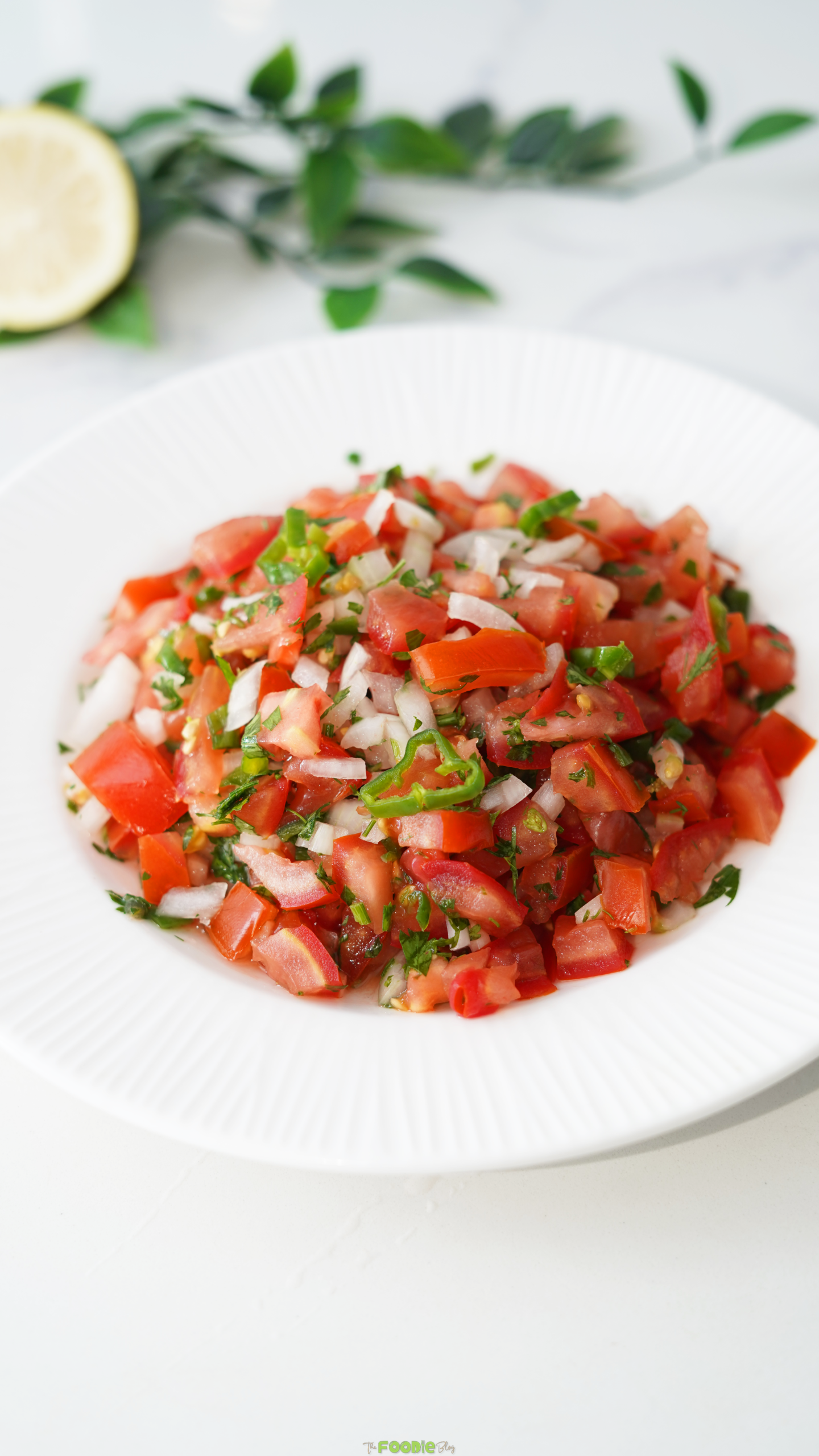 Close-up of fresh Pico de Gallo with tomatoes, white onion, cilantro, and jalapeño.