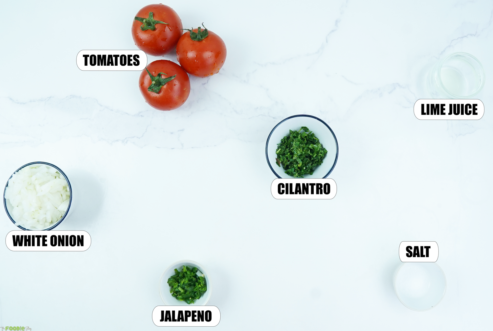 Tomatoes, white onion, cilantro, jalapeño, lime juice, and salt for homemade Pico de Gallo.