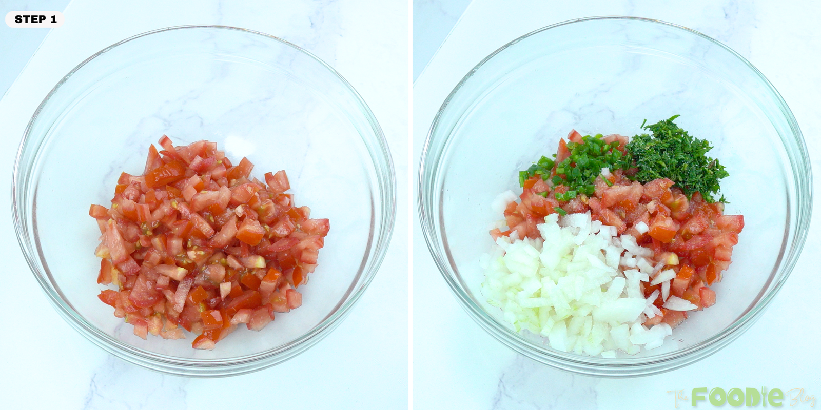 Diced tomatoes in a bowl, followed by white onion, cilantro, and jalapeño added for Pico de Gallo.