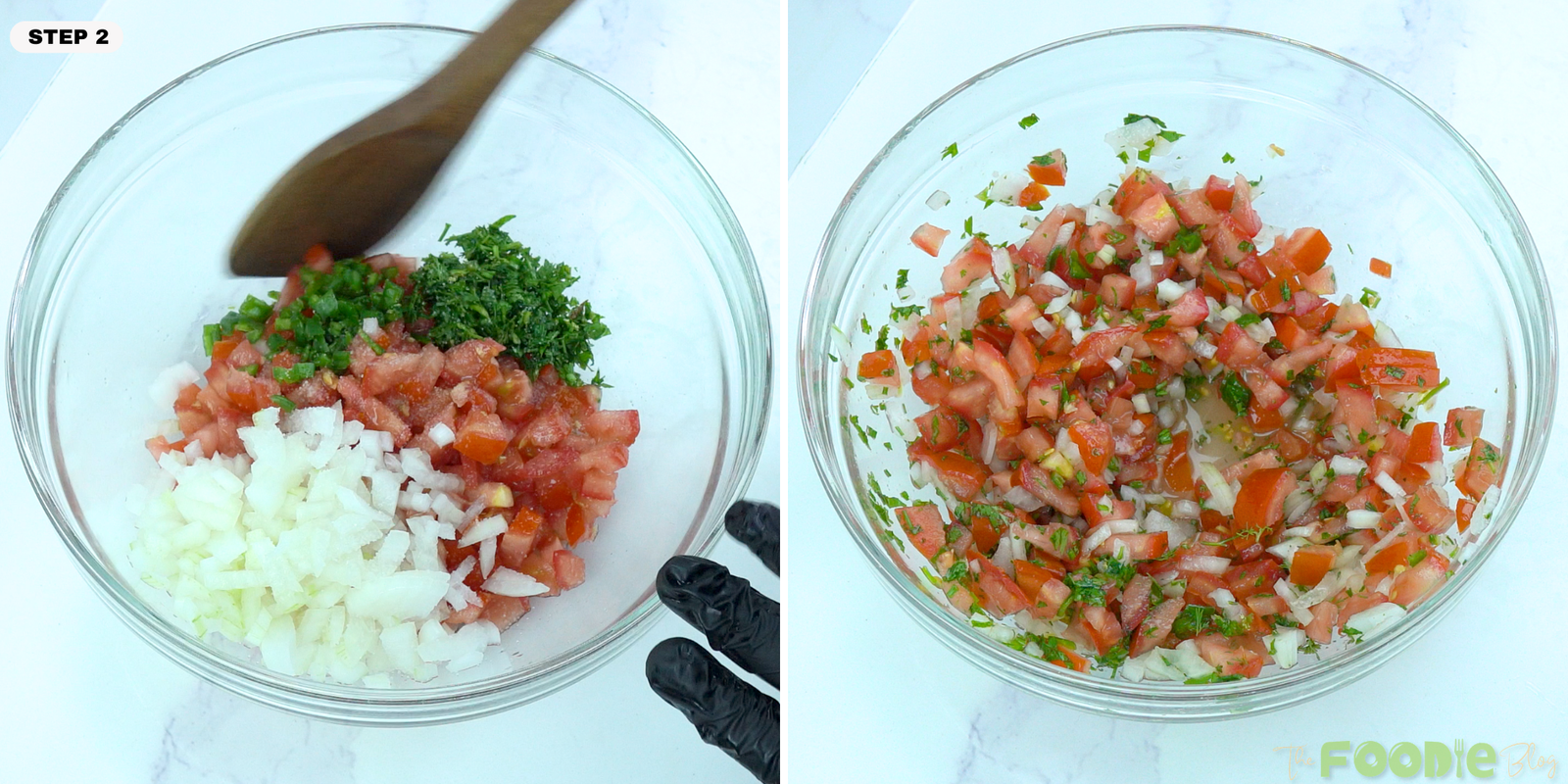 Pico de Gallo ingredients being gently mixed in a glass bowl until evenly combined.