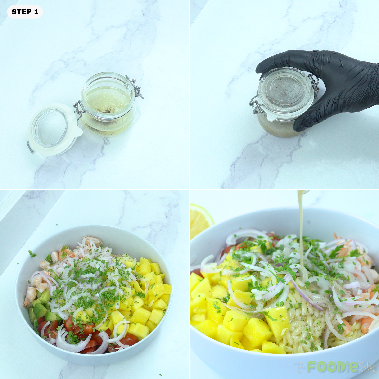 Step-by-step collage showing lime dressing mixed in a jar, salad ingredients added to a bowl, and dressing poured over prawn mango avocado summer salad.