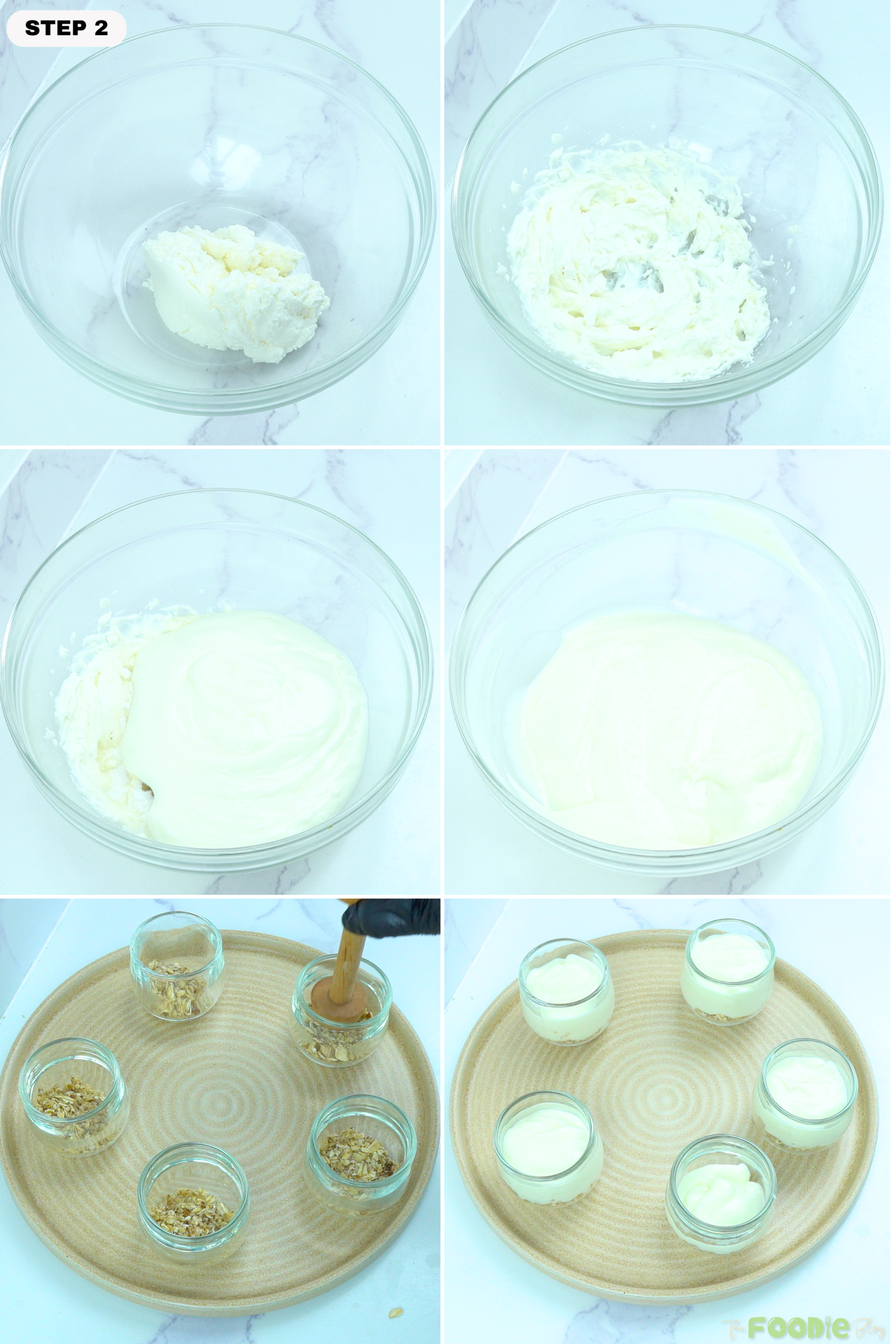 Light cream cheese and Greek yogurt being mixed into a smooth cheesecake filling, then spooned over oat crust in small glass cups.