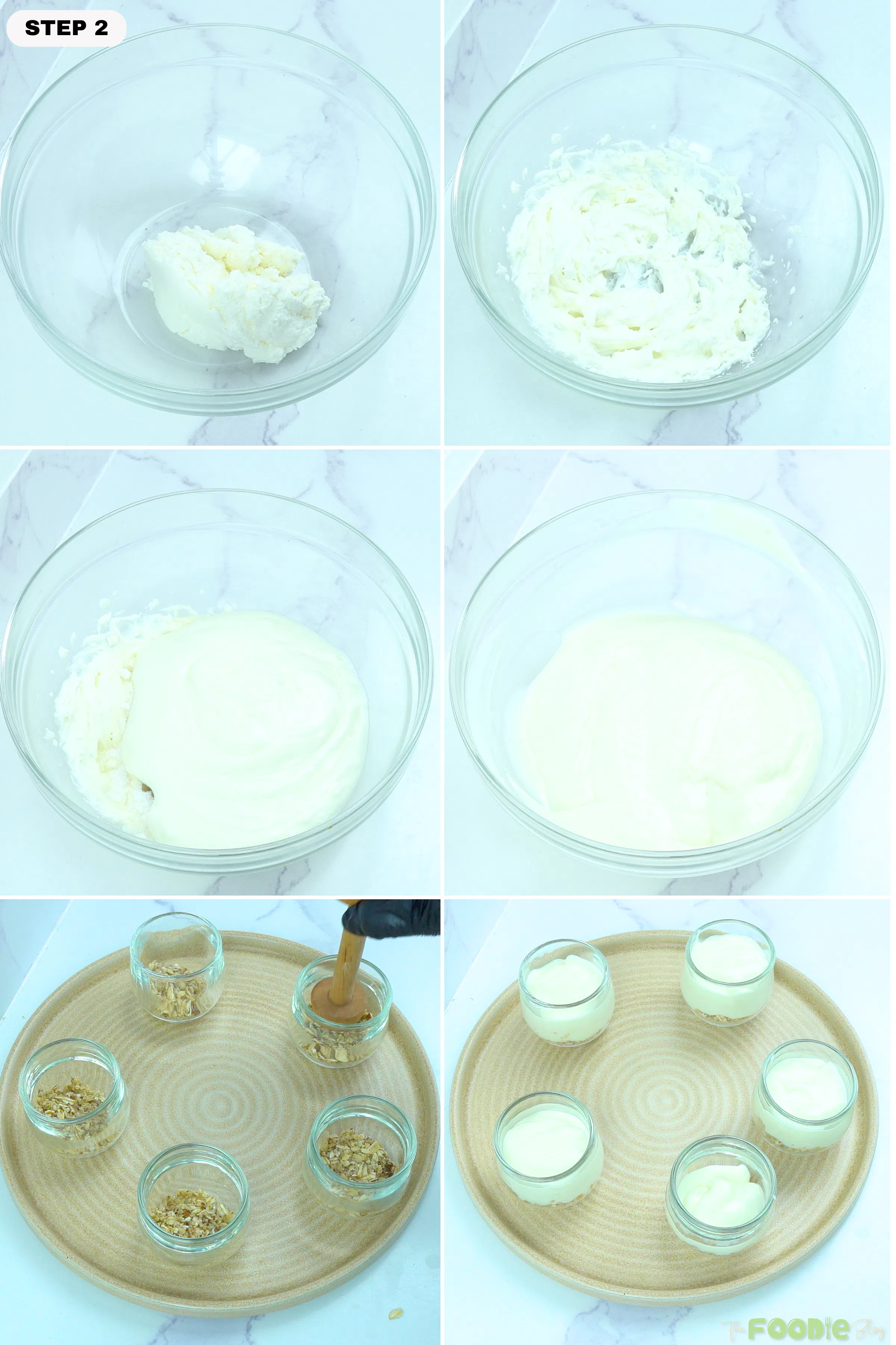Light cream cheese and Greek yogurt being mixed into a smooth cheesecake filling, then spooned over oat crust in small glass cups.