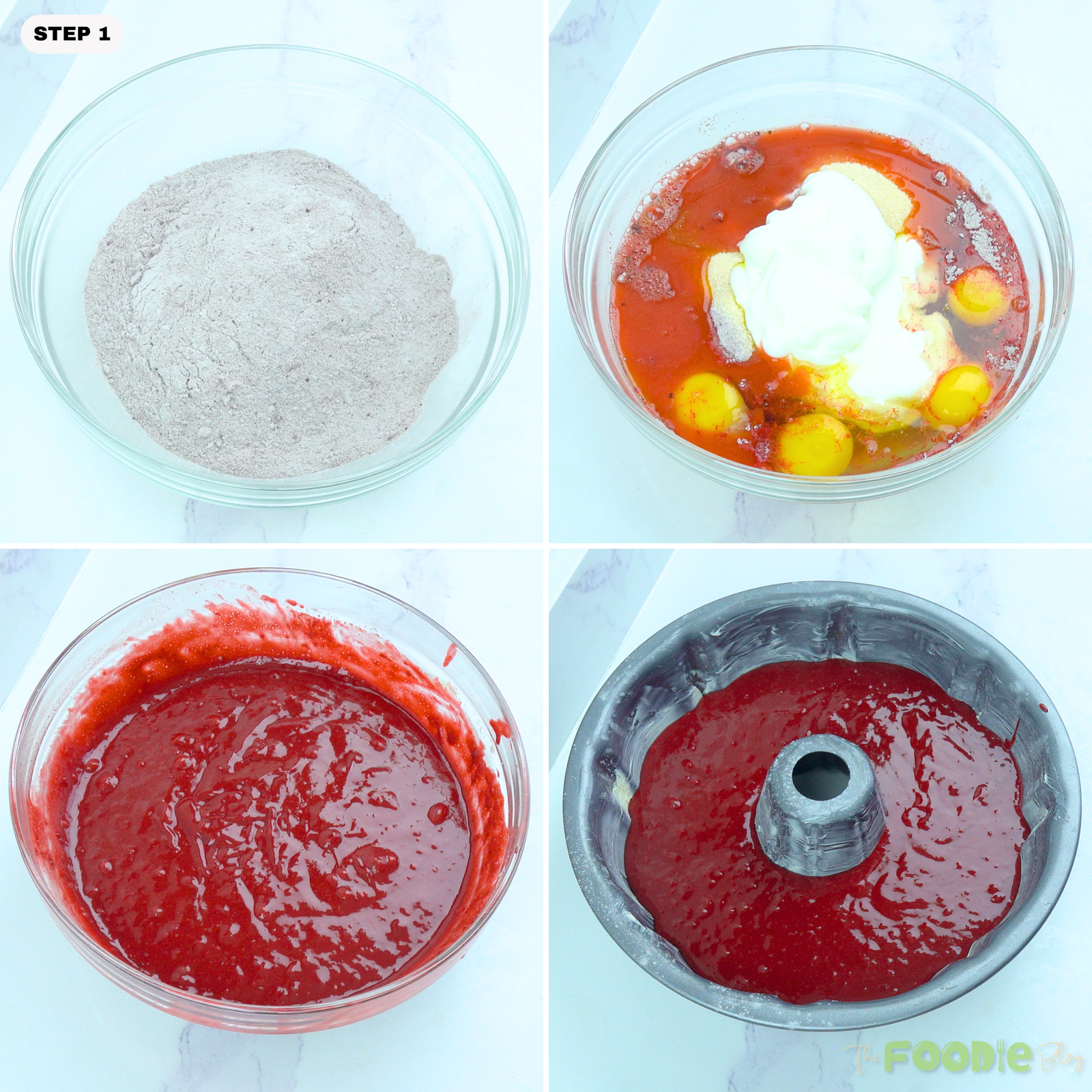 Red velvet cake mix combined with eggs, sour cream, pudding mix, and water before pouring into a Bundt pan.