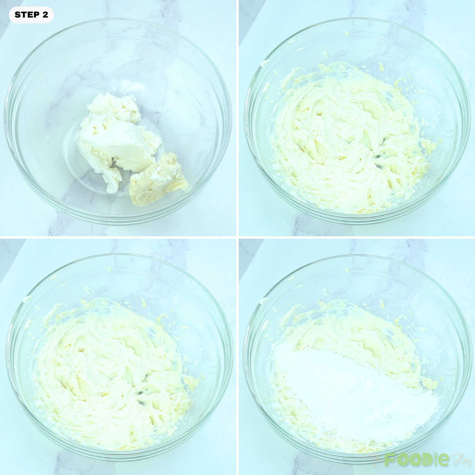 Cream cheese and butter beaten until smooth before powdered sugar is added for frosting.