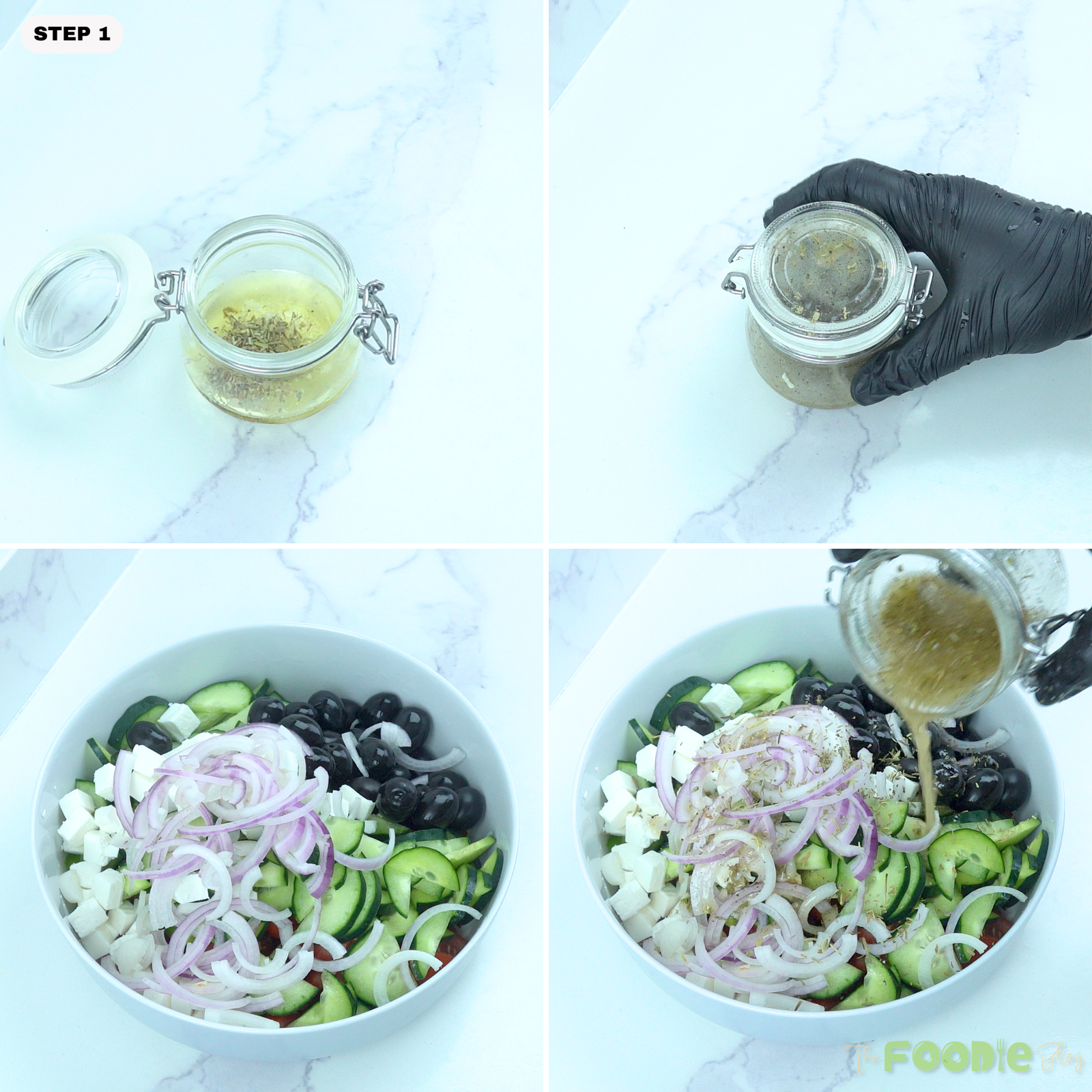 Step-by-step collage showing Greek Salad dressing mixed in a jar, vegetables and feta added to a bowl, and dressing poured over the salad.