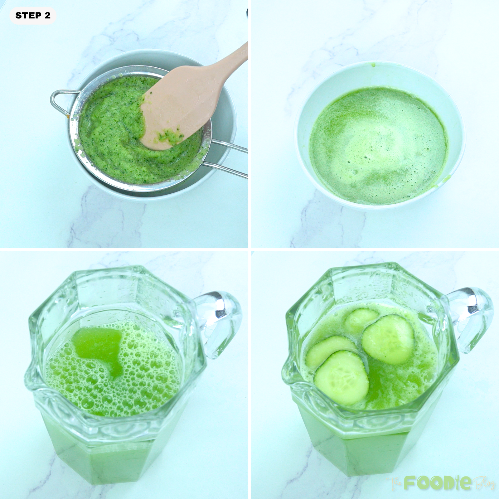 Blended cucumber mixture being strained and poured into a glass pitcher