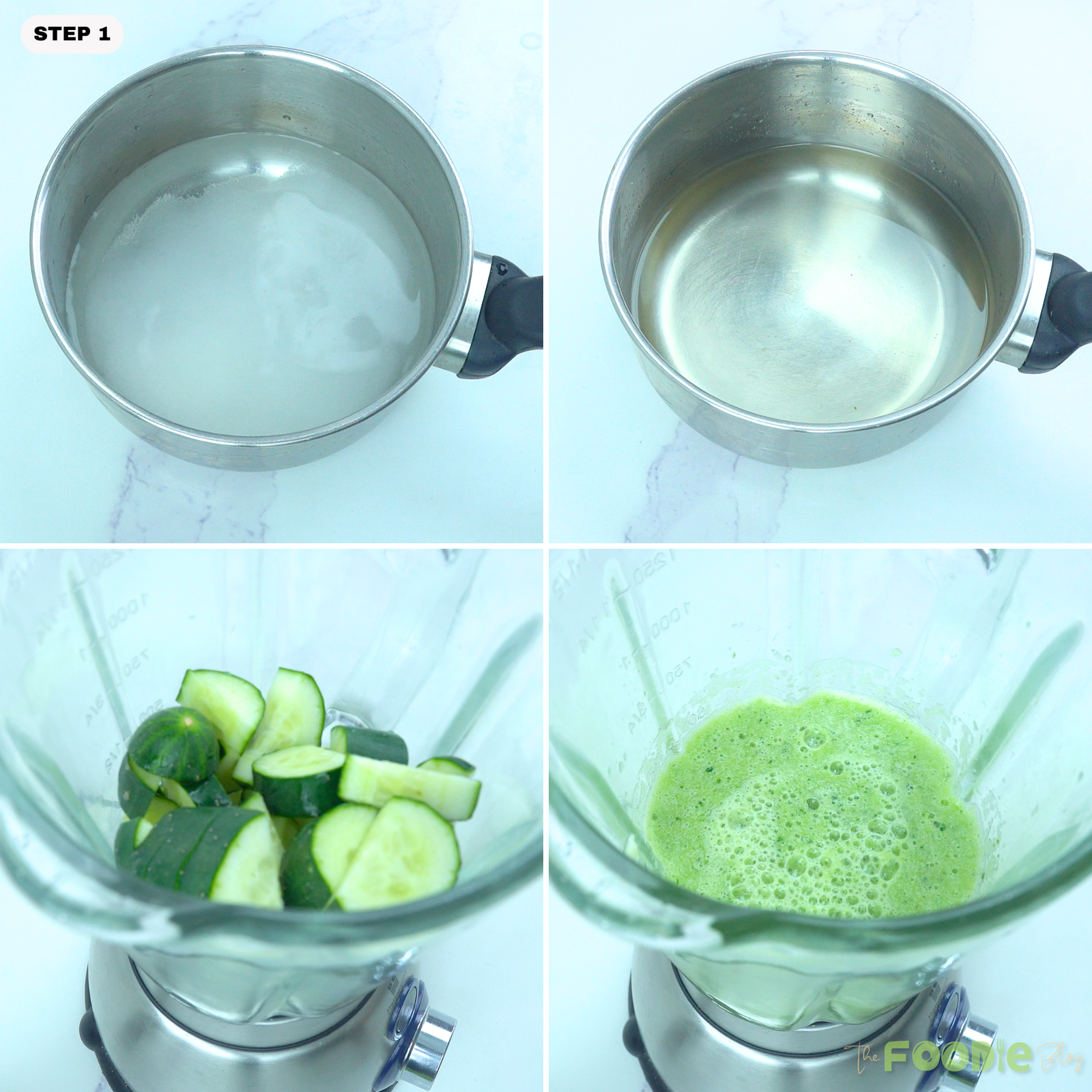Sugar dissolving in water and chopped cucumbers blending into a smooth green puree.