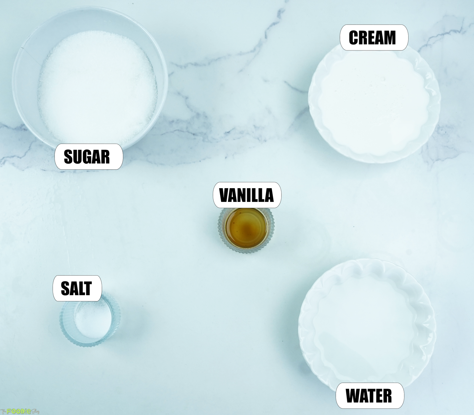 Sugar, heavy cream, vanilla, salt, and water arranged for caramel sauce.