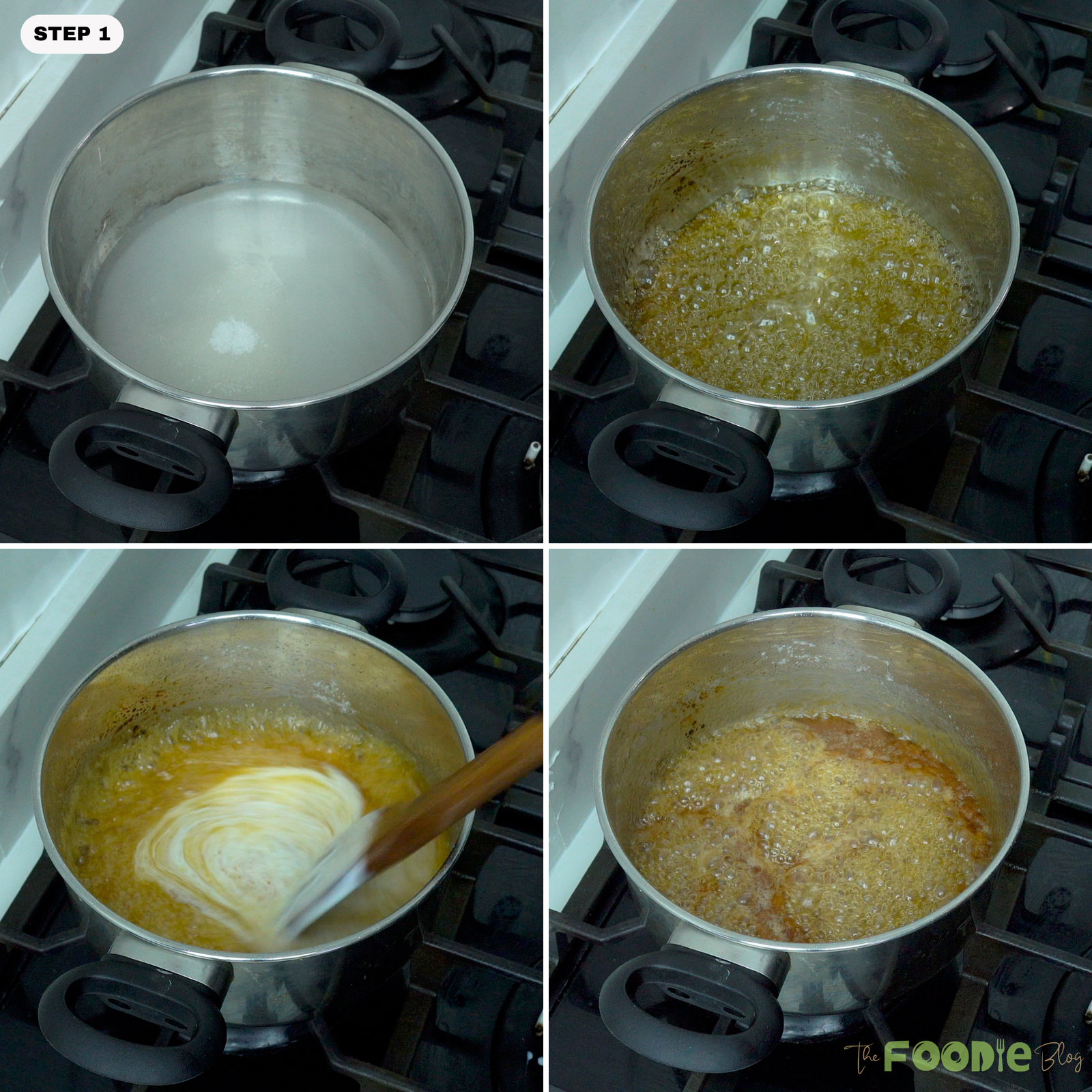 Sugar and water boiling in a saucepan, turning amber, then mixed with cream for caramel sauce.