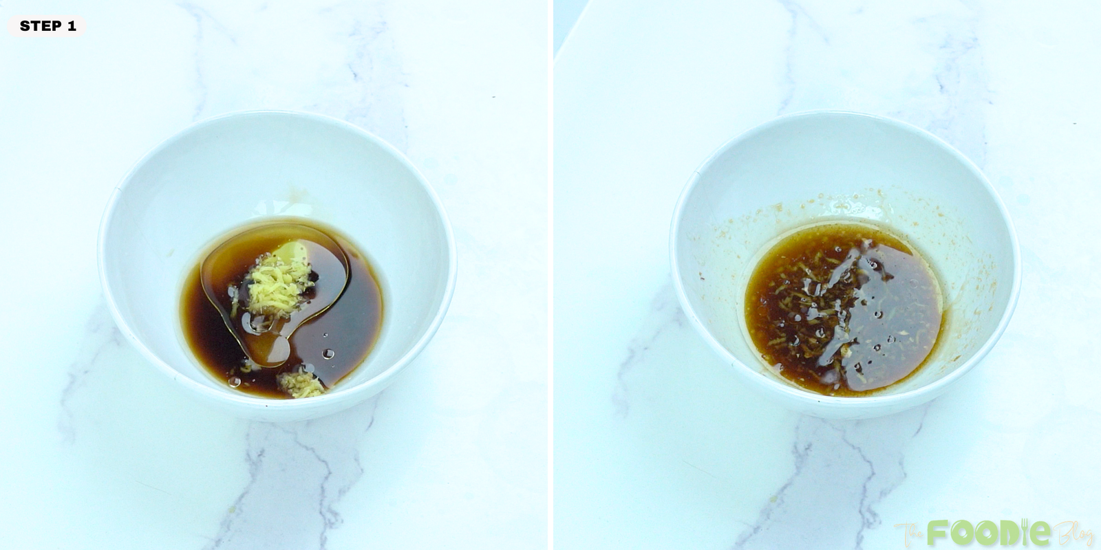 Soy sauce, sesame oil, rice vinegar, sugar, and grated ginger mixed in a bowl for cucumber salad dressing.