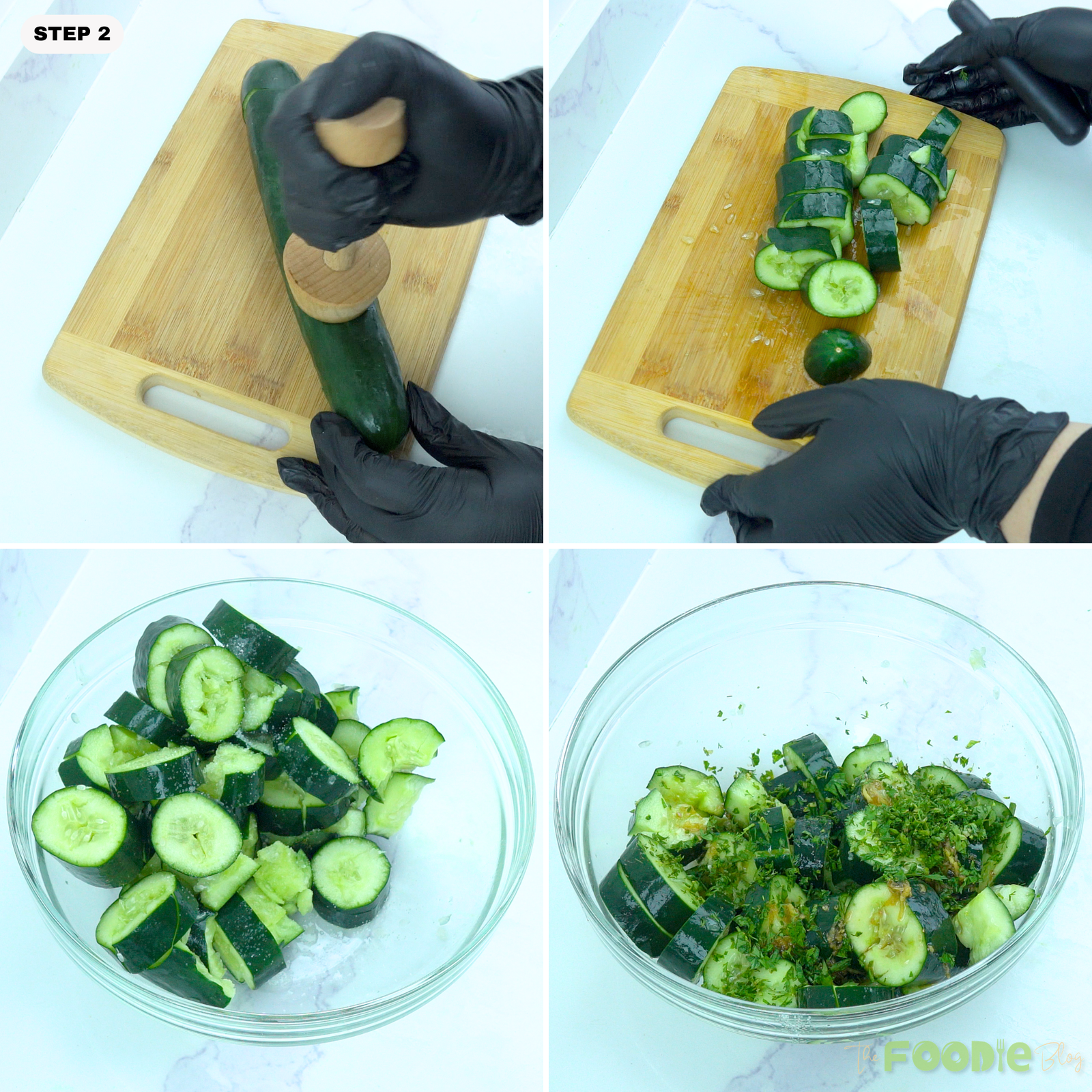 Cucumbers being smashed, cut into chunks, salted, and tossed with herbs and sesame ginger dressing.