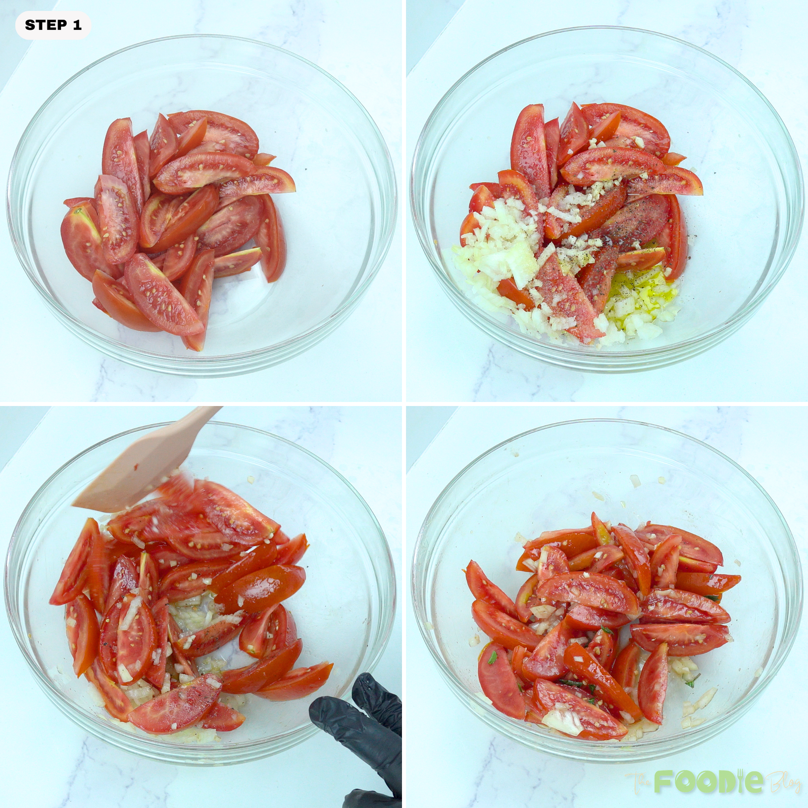 Tomato wedges seasoned with shallots, garlic, olive oil, vinegar, salt, and pepper before tossing.