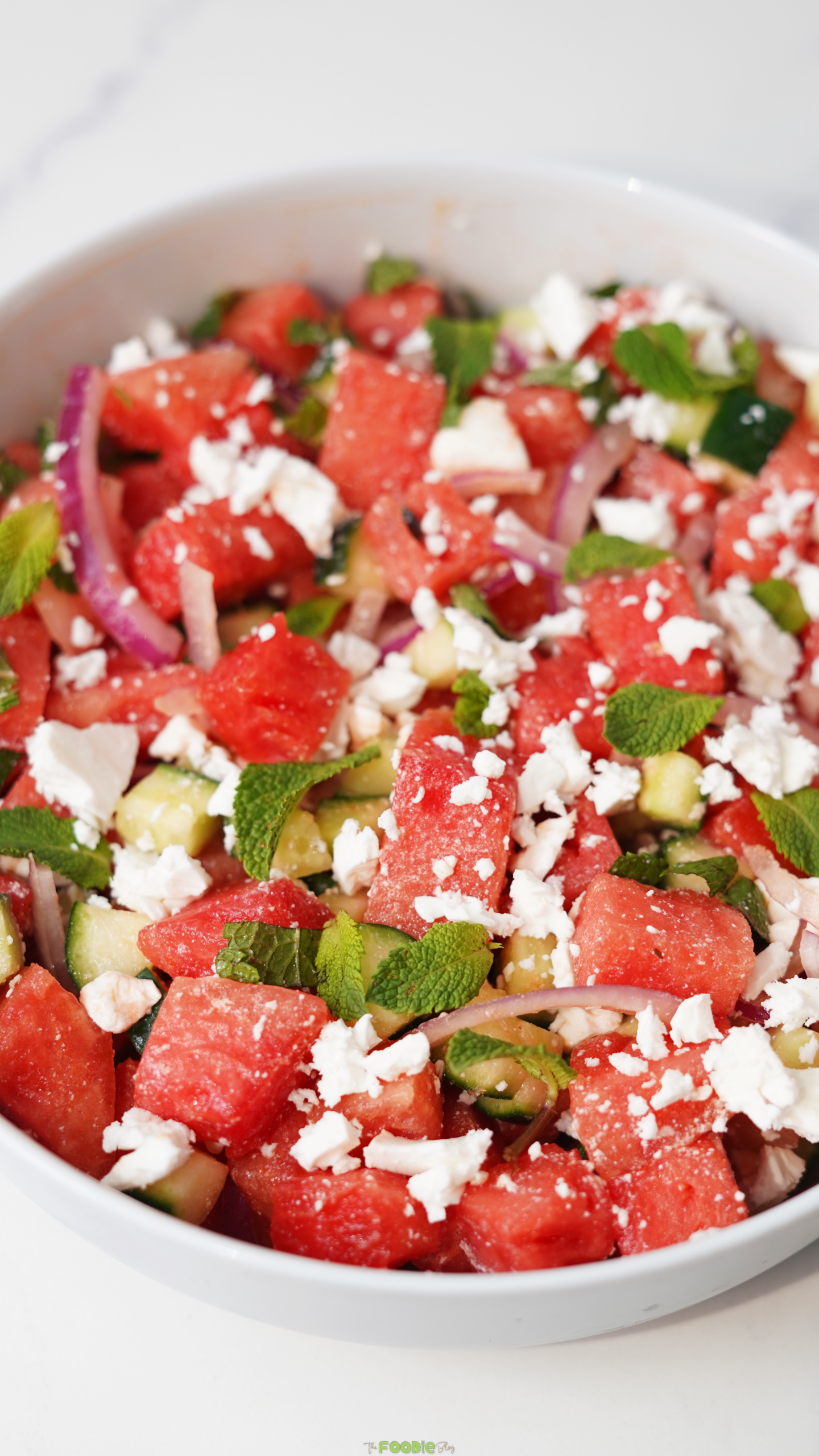 Close-up of watermelon feta salad with fresh mint, cucumber, red onion, and crumbled feta in a white bowl.