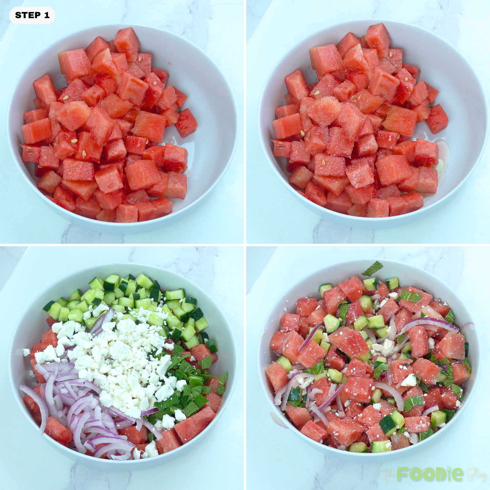 Step-by-step collage showing how to make watermelon feta salad with watermelon, salt, cucumber, feta, red onion, mint, and mixing.