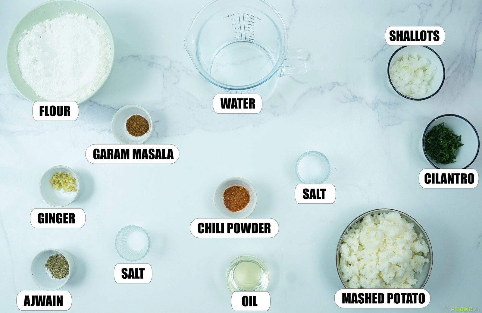 Ingredients for Aloo Paratha with flour, water, mashed potato, shallots, cilantro, ginger, garam masala, ajwain, chili powder, salt, and oil.