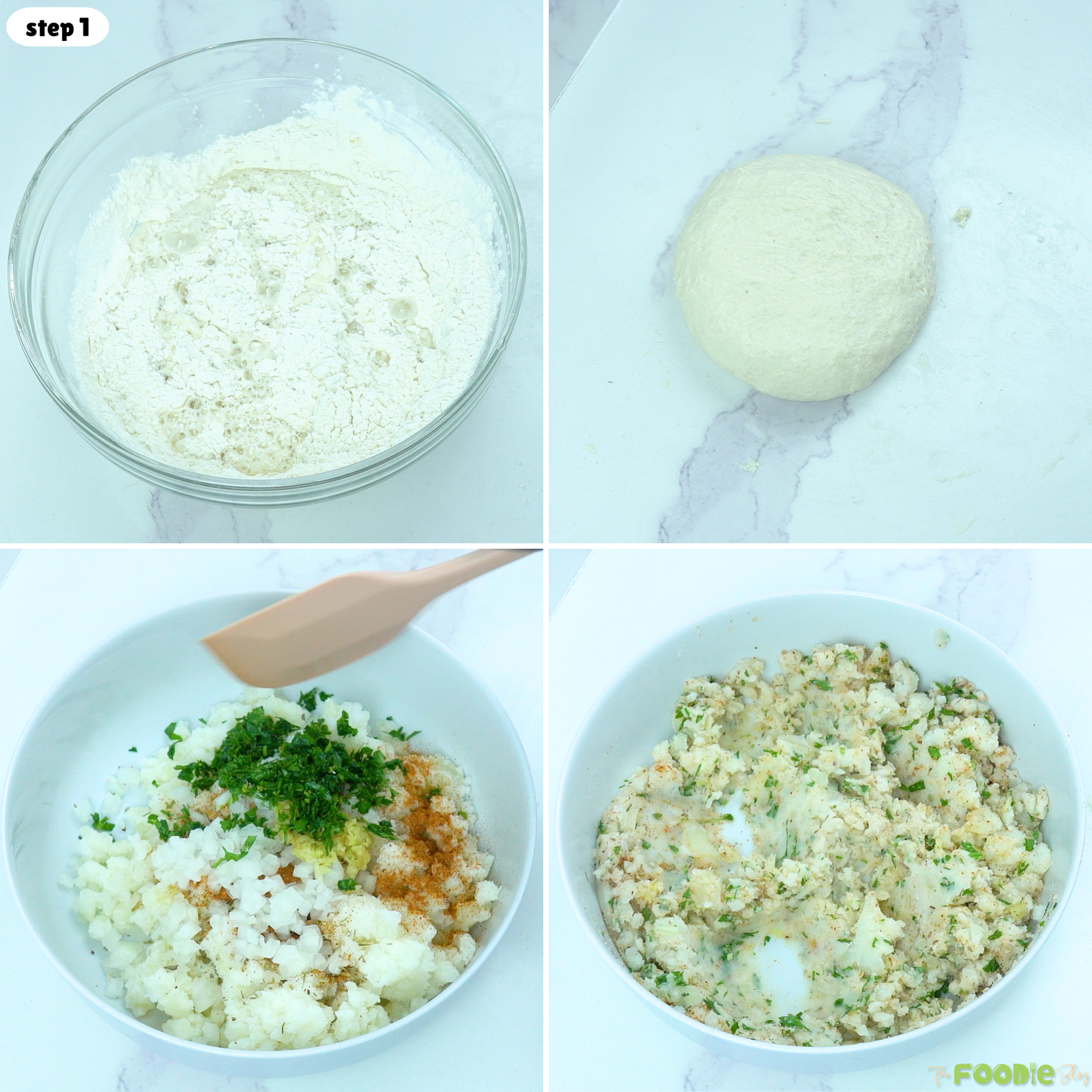 Step-by-step process showing Aloo Paratha dough mixed with water and mashed potato filling mixed with spices, shallots, and cilantro.