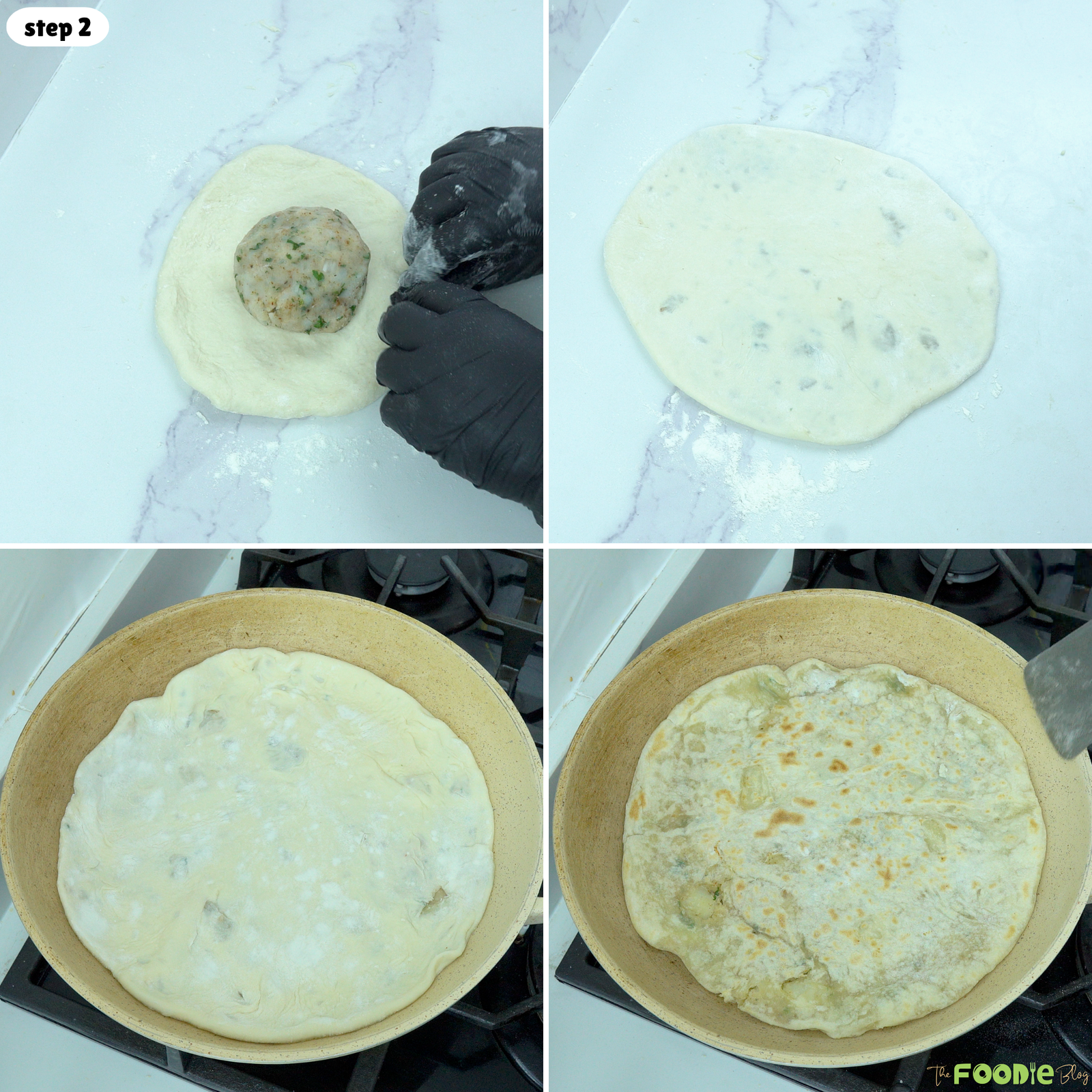 Step-by-step process showing Aloo Paratha stuffed with potato filling, rolled flat, and cooked in a pan until golden.
