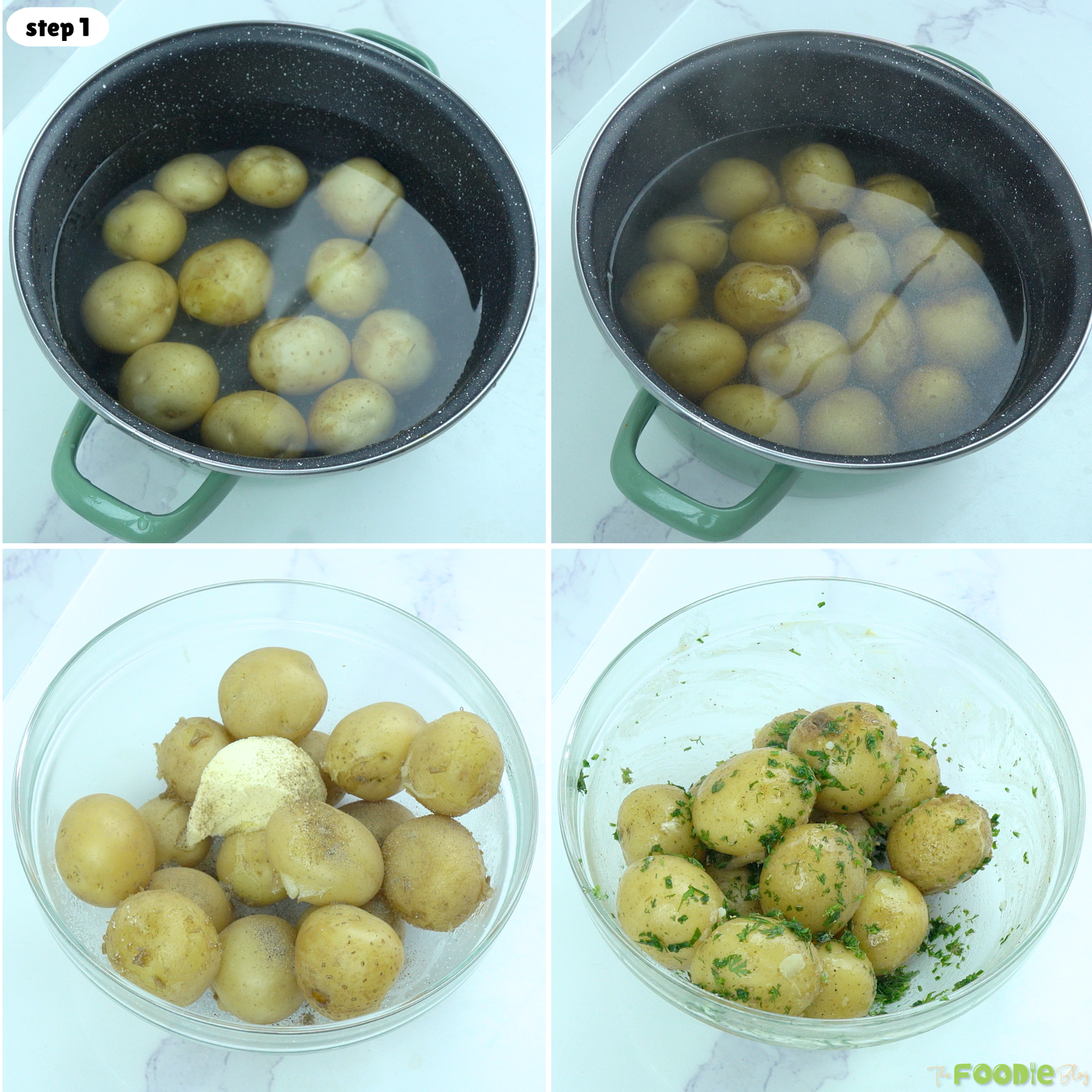 Baby potatoes, butter, fresh dill, parsley, salt, and black pepper arranged for an easy potato side dish.