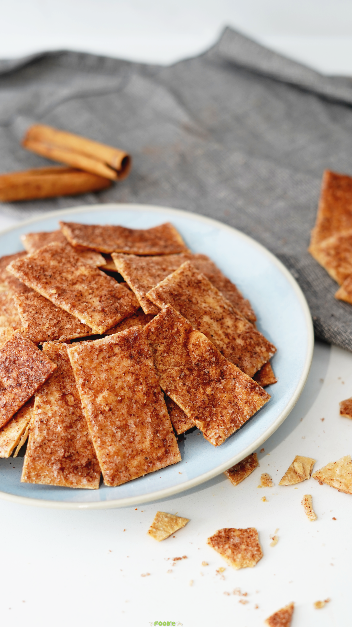 Close-up of crunchy baked cinnamon sugar tortilla crisps on a blue plate.