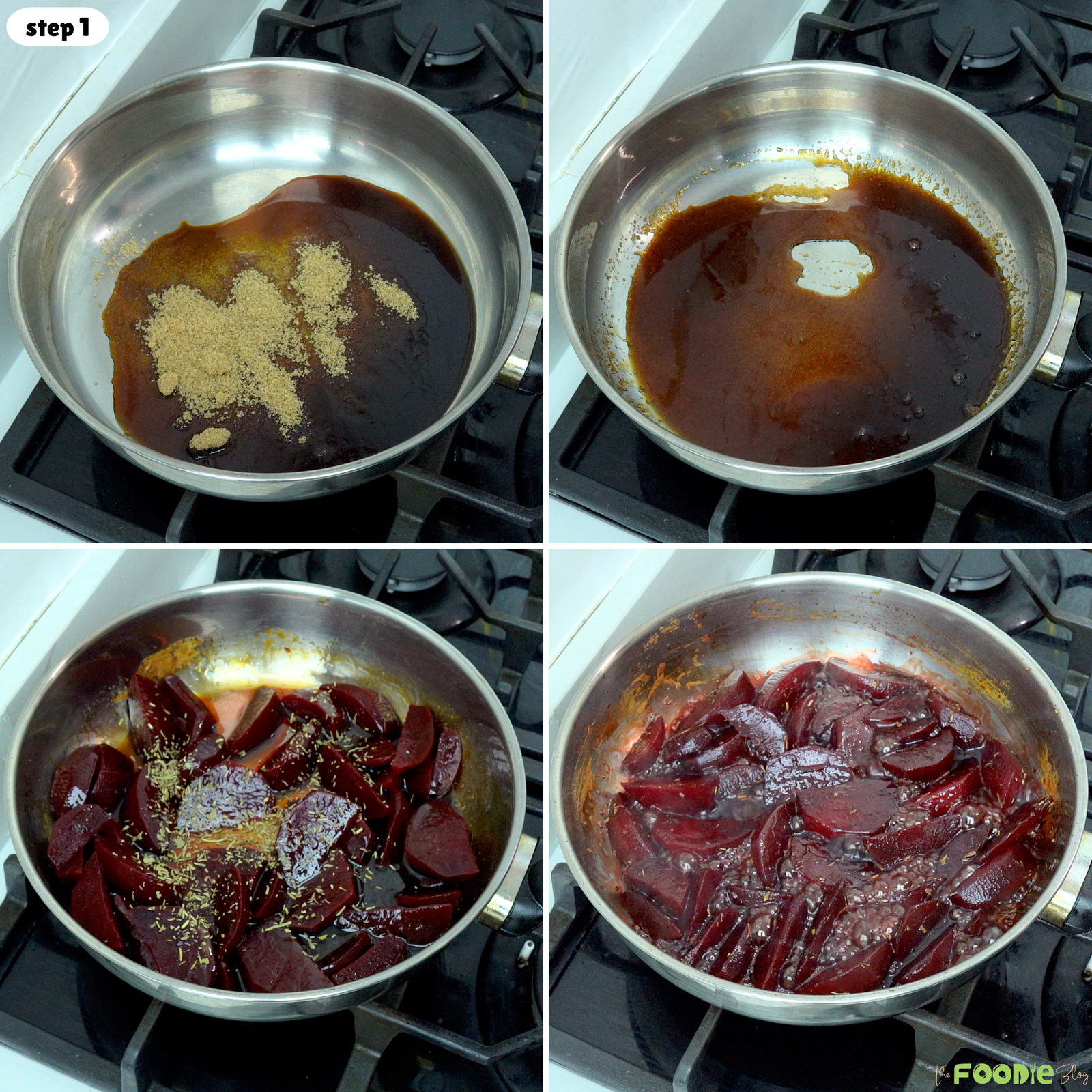 Step-by-step collage showing balsamic vinegar and brown sugar simmering, then beetroot and thyme added to the pan.