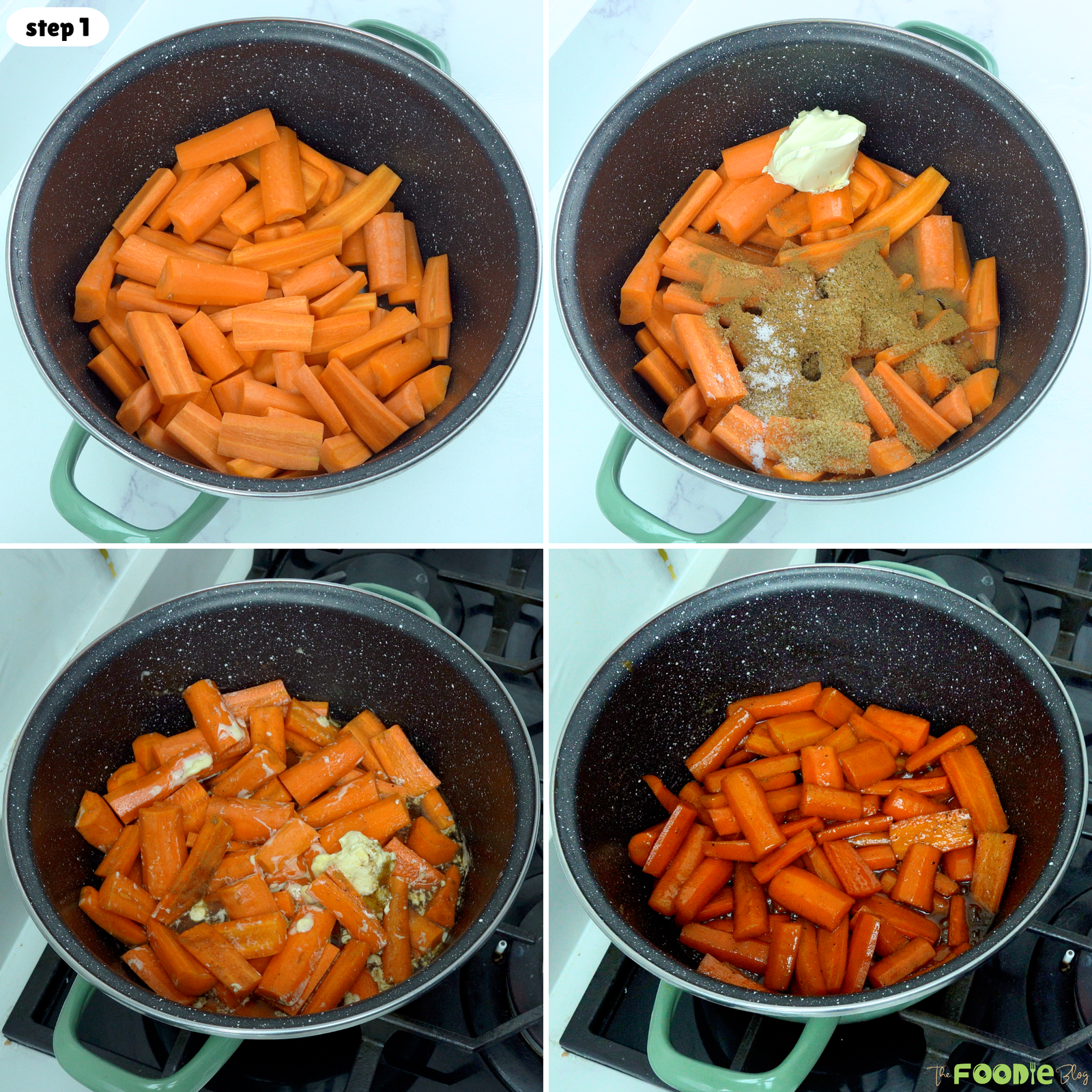 Step-by-step collage showing carrots in a pot with butter, brown sugar, cinnamon, salt, and glaze.