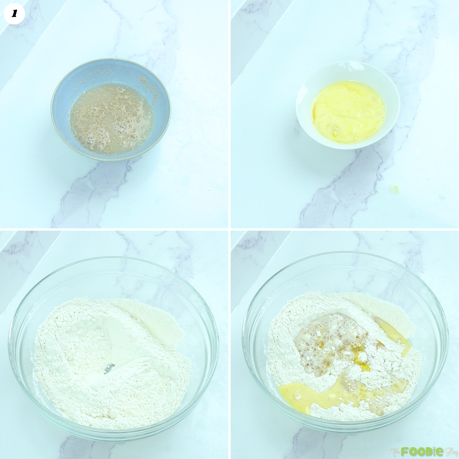 Step-by-step collage showing activated yeast, beaten egg, flour, and wet ingredients being combined for cheese naan dough.