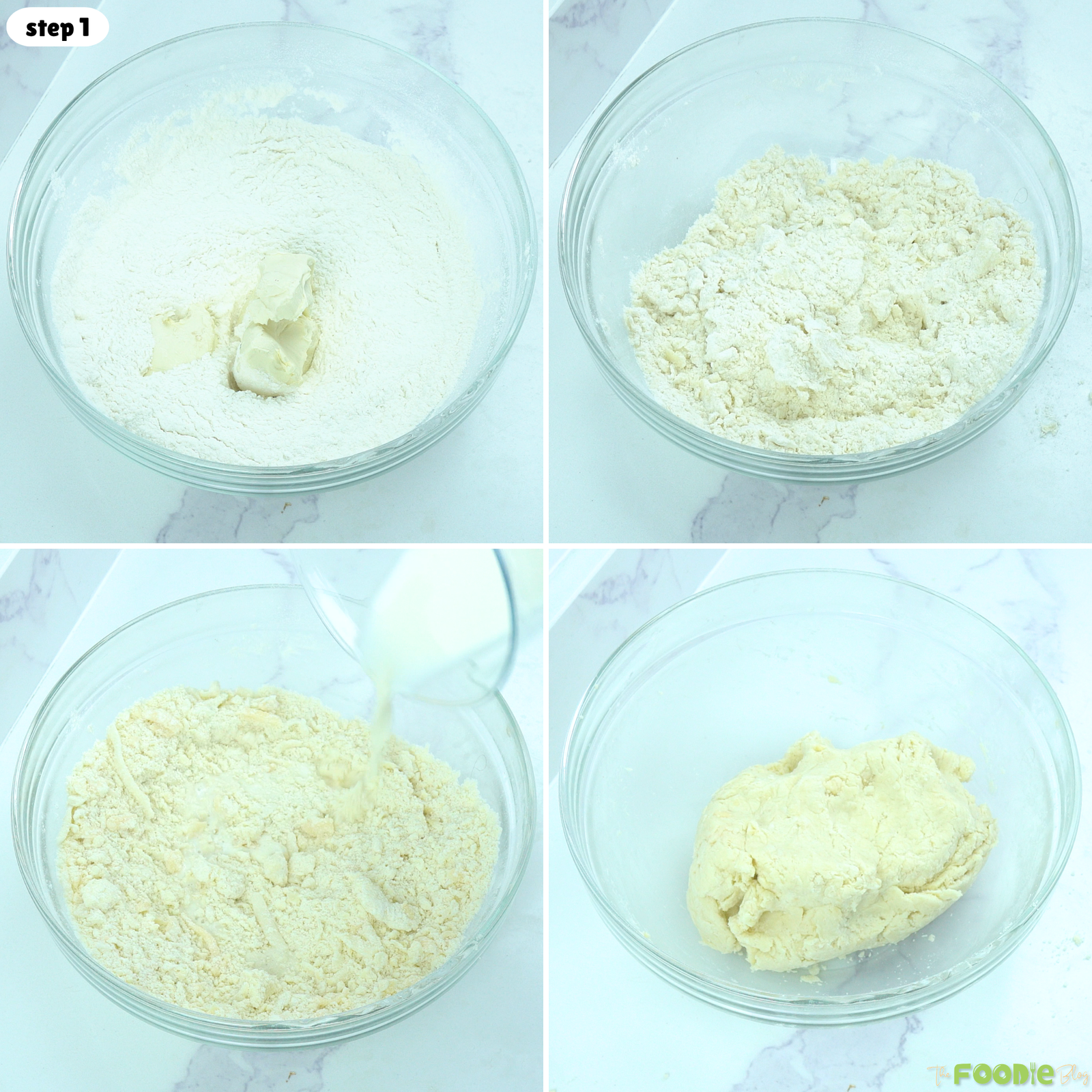 Step-by-step process showing butter mixed into flour, milk added, and dough formed for Cheese Scones.