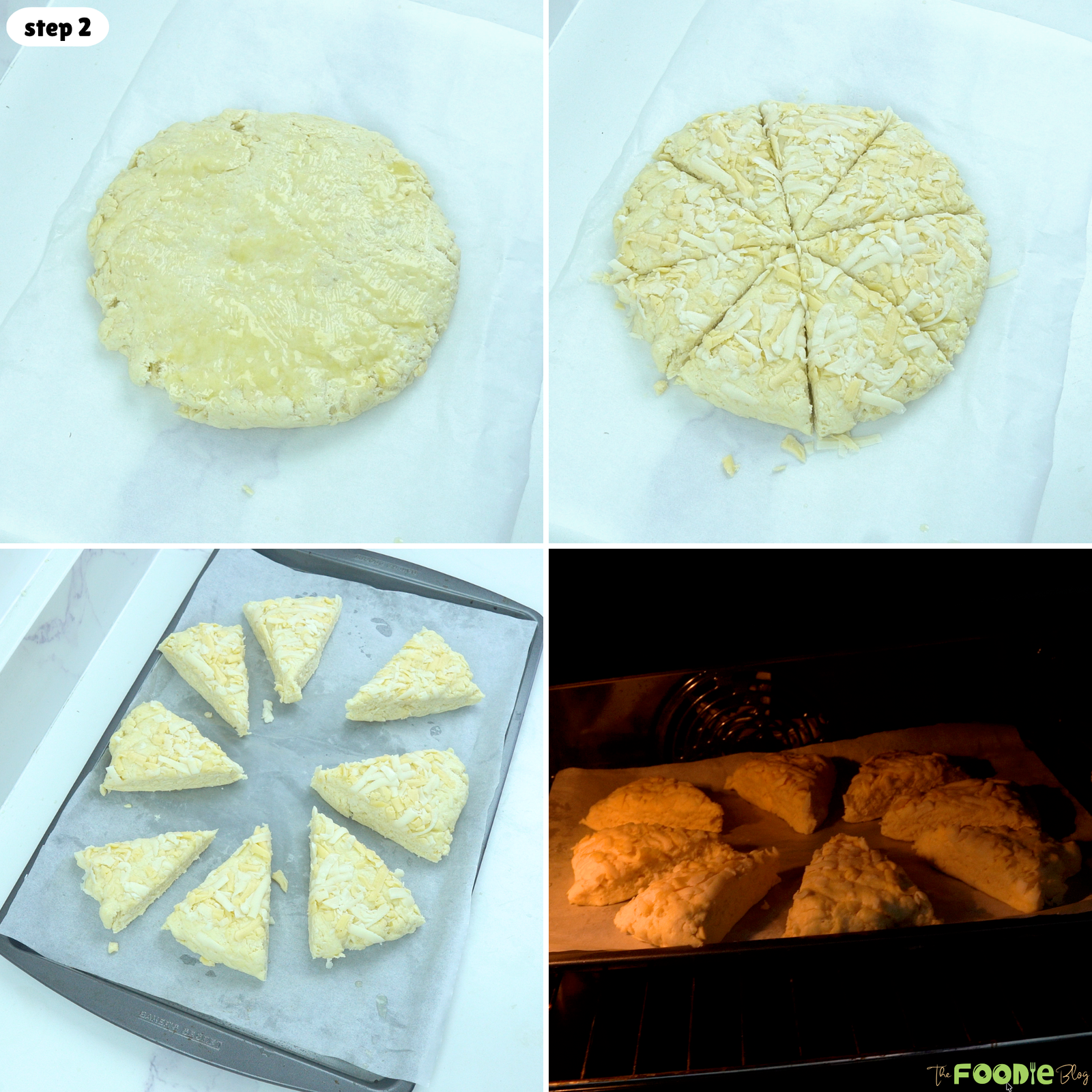 Step-by-step process showing Cheese Scones shaped, topped with cheese, cut into wedges, and baked.