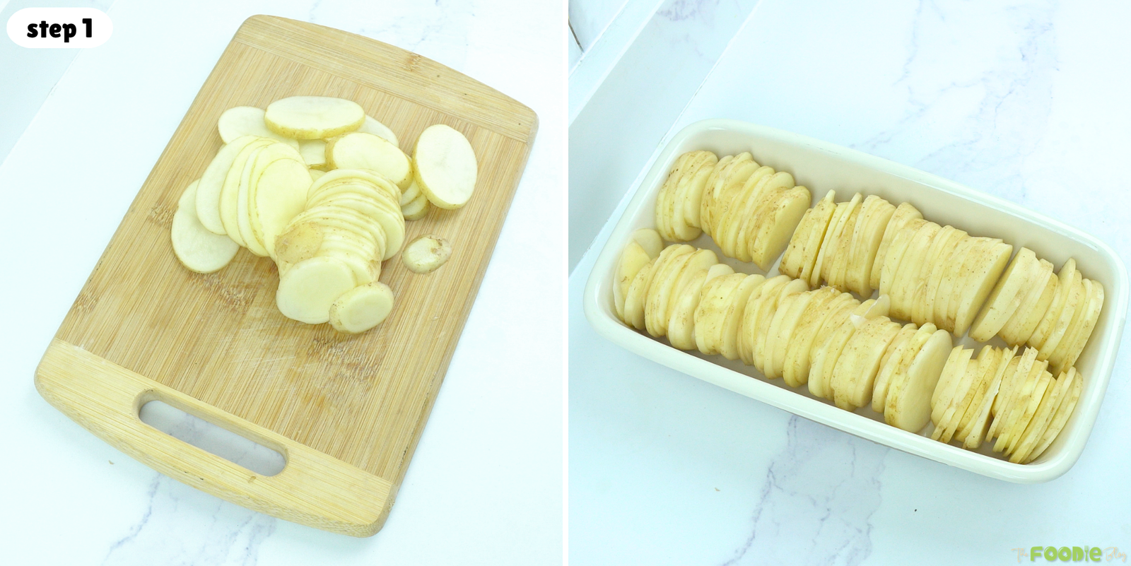 Step-by-step photo showing potatoes sliced thinly and arranged in a baking dish for Cheesy Scalloped Potatoes.