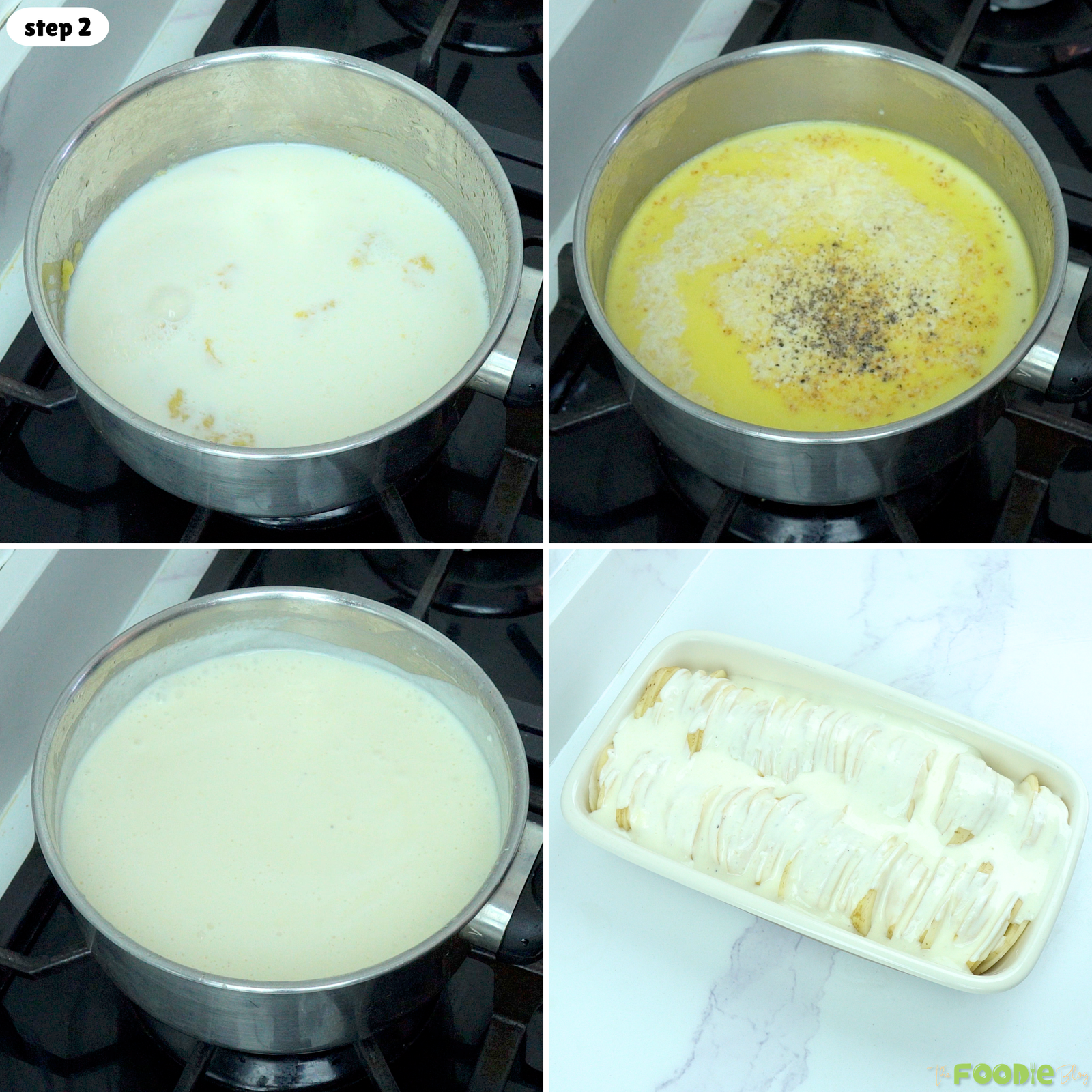 Step-by-step photo showing cream sauce made with milk, cream, butter, flour, cheese, garlic powder, onion powder, salt, and pepper poured over potatoes.