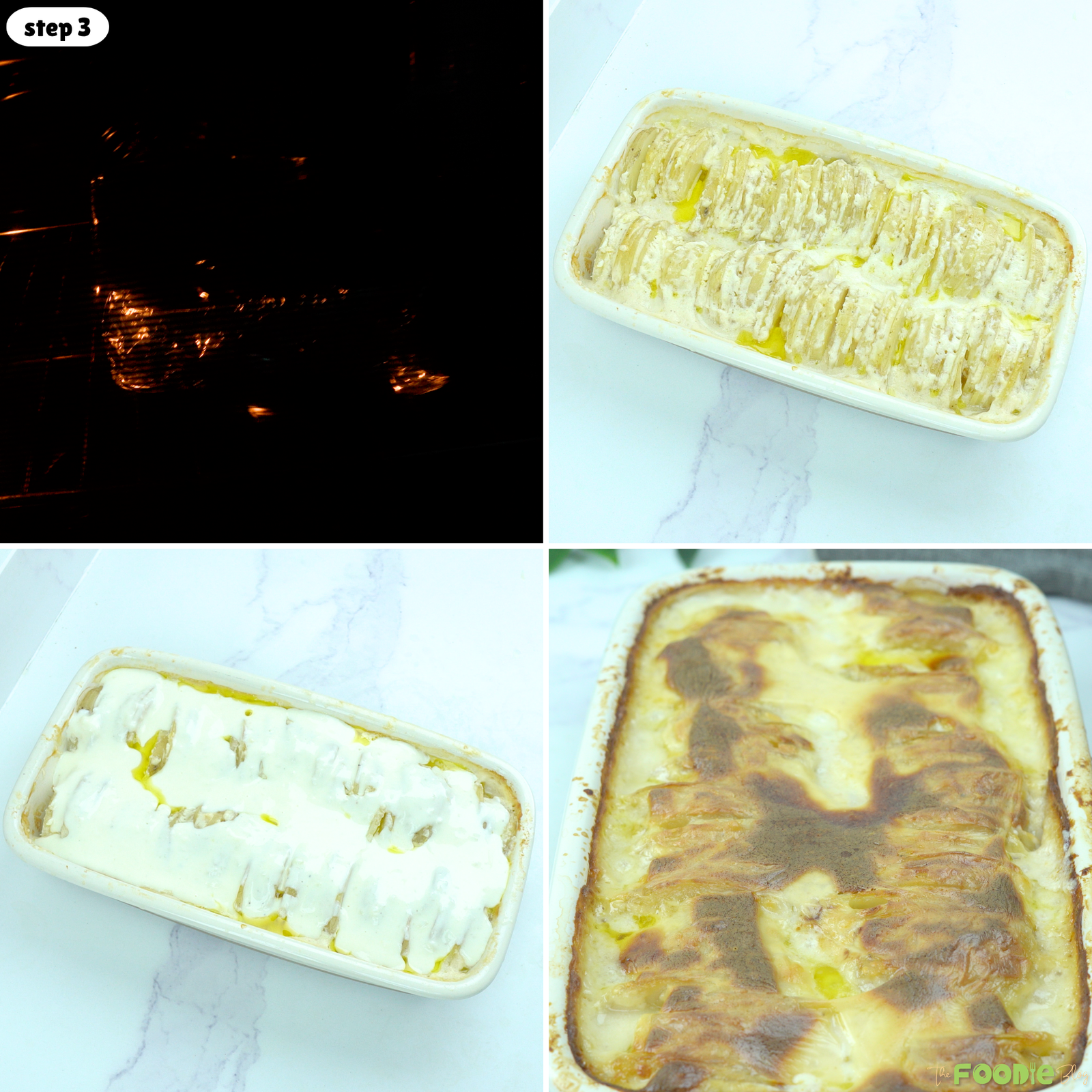 Step-by-step photo showing Cheesy Scalloped Potatoes baking until tender with a golden bubbly top.