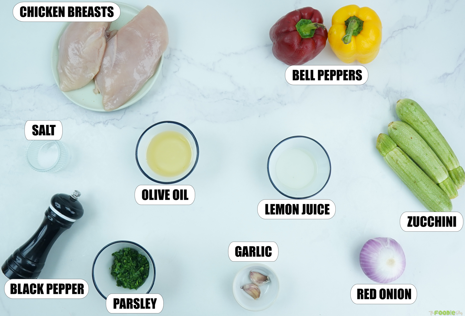 Ingredients for Chicken Kabobs with chicken breasts, bell peppers, zucchini, red onion, olive oil, lemon juice, garlic, parsley, salt, and black pepper.