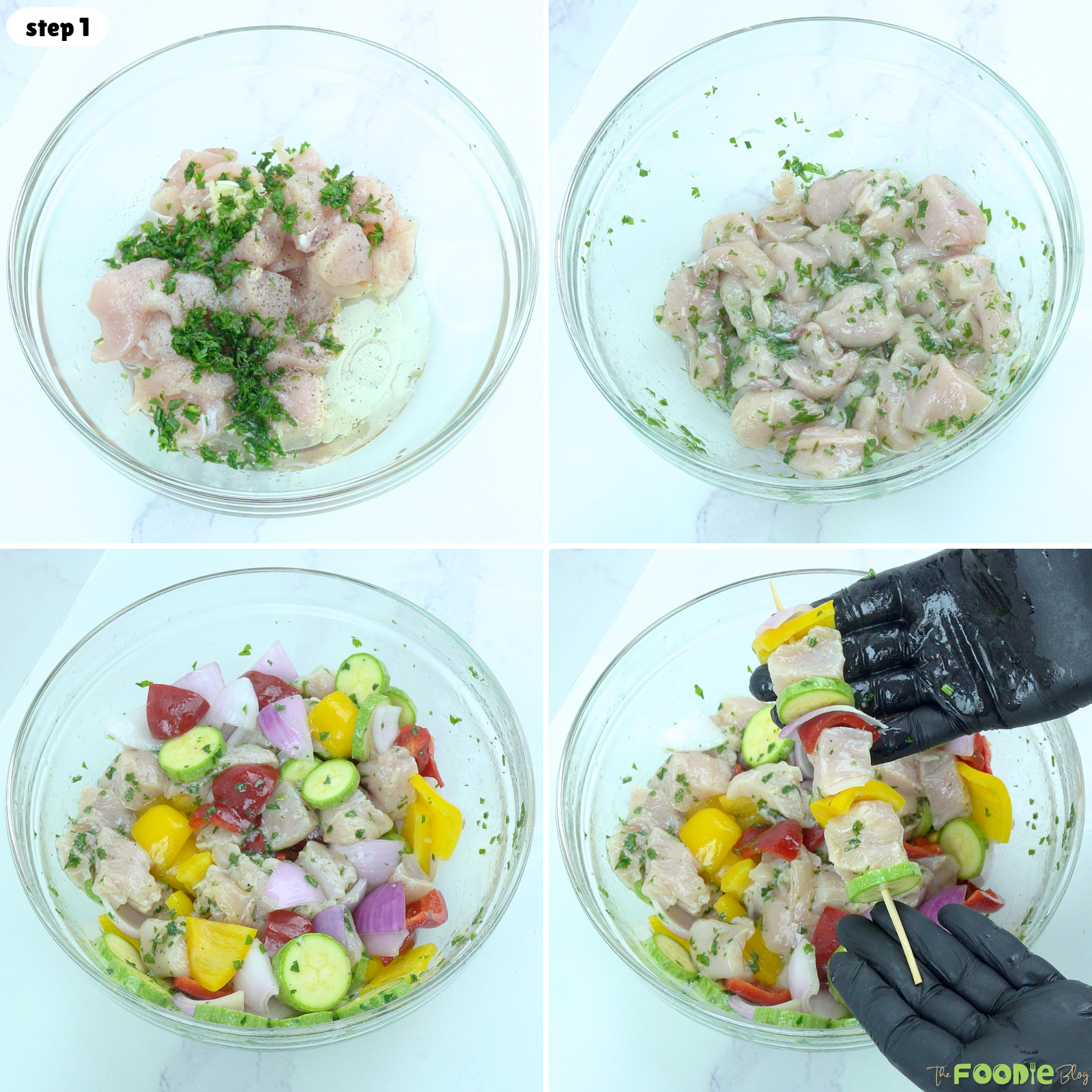 Step-by-step process showing chicken mixed with lemon herb marinade, vegetables added, and Chicken Kabobs assembled on skewers.