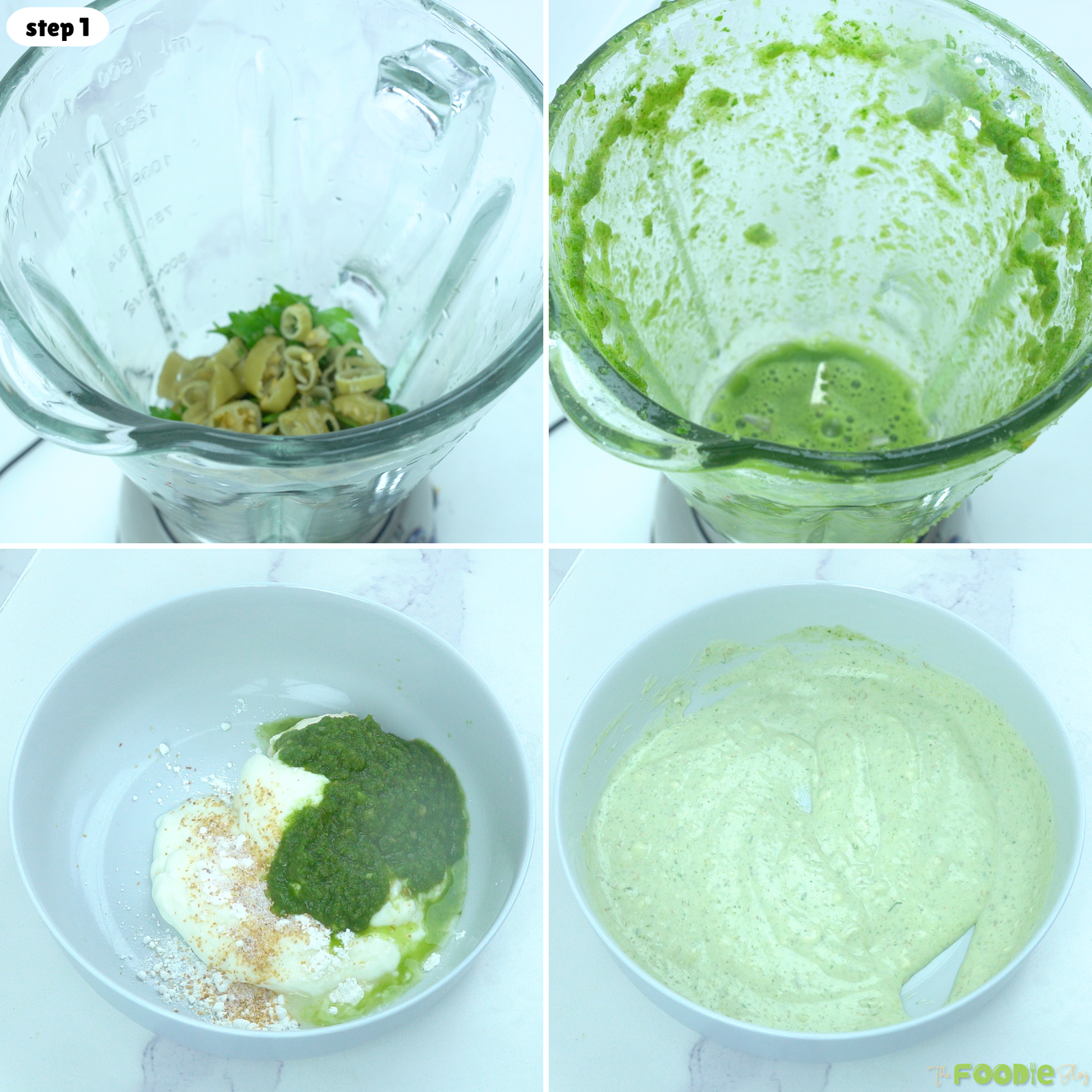 Step-by-step collage showing pickled jalapeños and cilantro blended, then mixed with sour cream, mayonnaise, ranch seasoning, and lime.