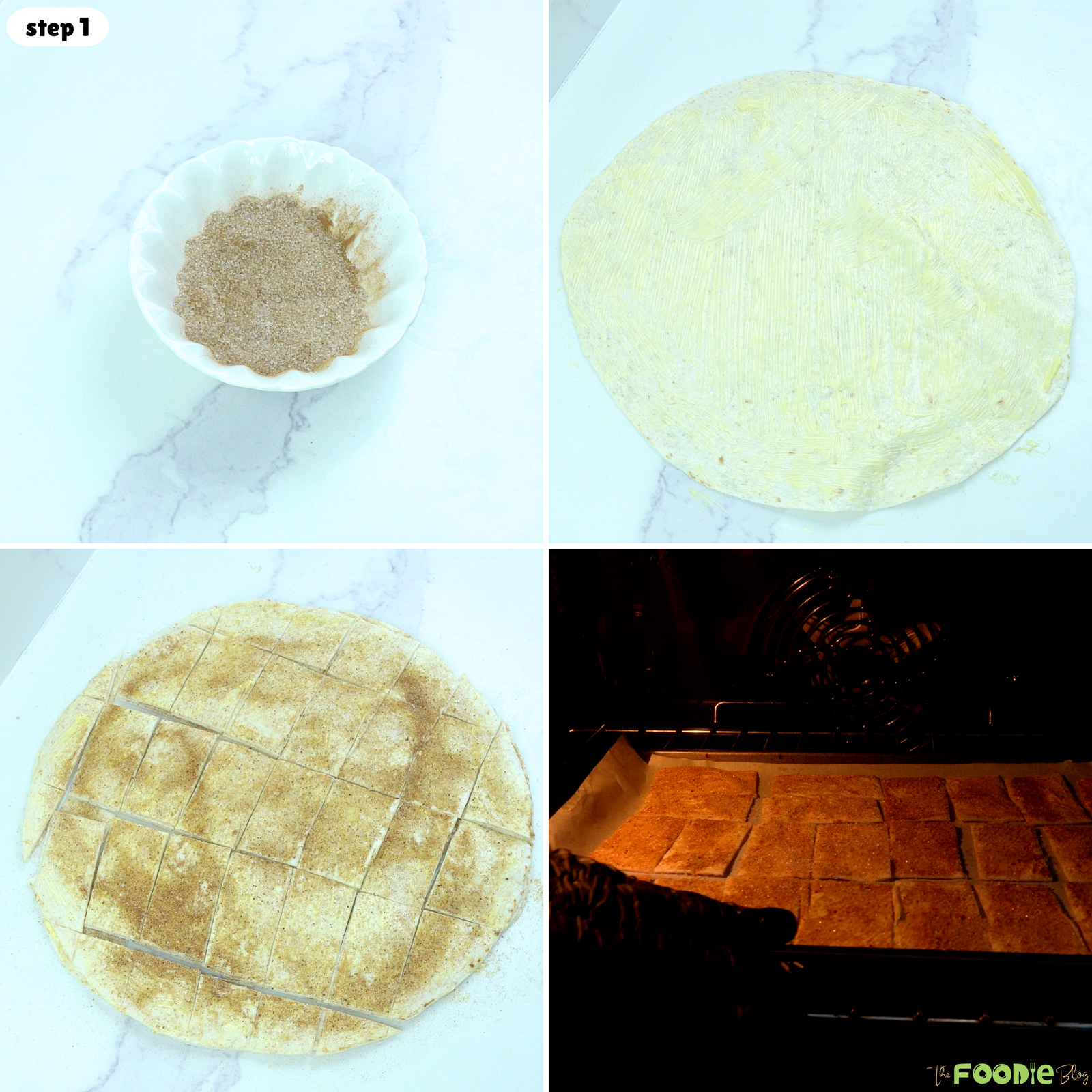 Step-by-step collage showing cinnamon sugar, buttered flour tortillas, cut tortilla pieces, and baking cinnamon tortilla crisps.