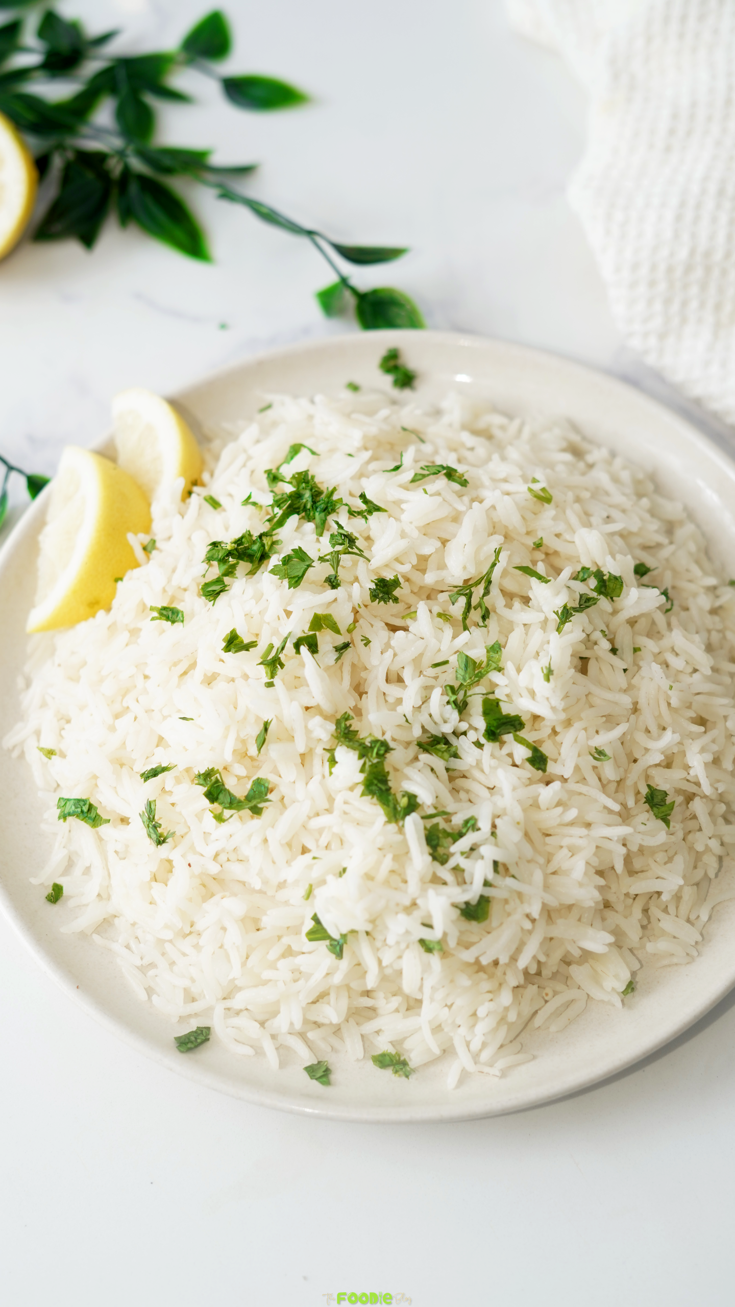 Fluffy coconut rice topped with fresh parsley and served with lemon wedges in a bowl.