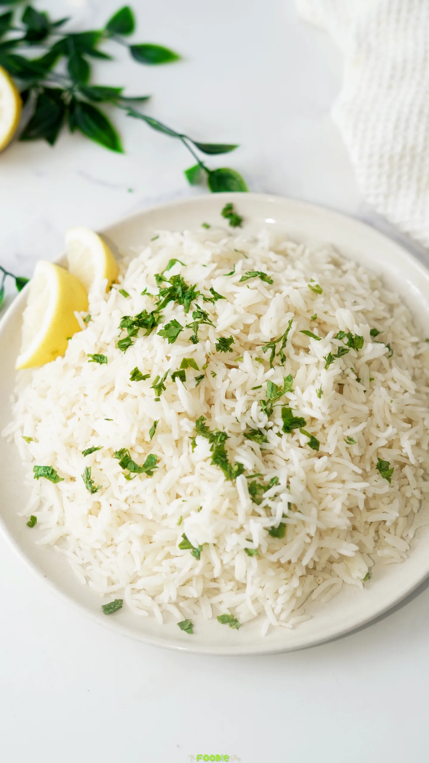 Fluffy coconut rice topped with fresh parsley and served with lemon wedges in a bowl.
