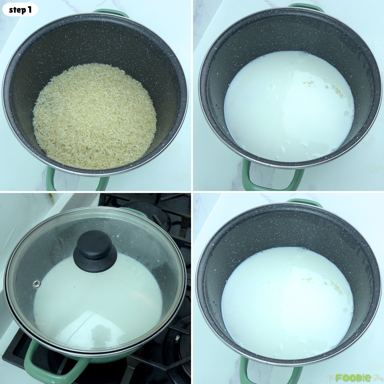 Rice and coconut milk in a pot before cooking coconut rice on the stove.