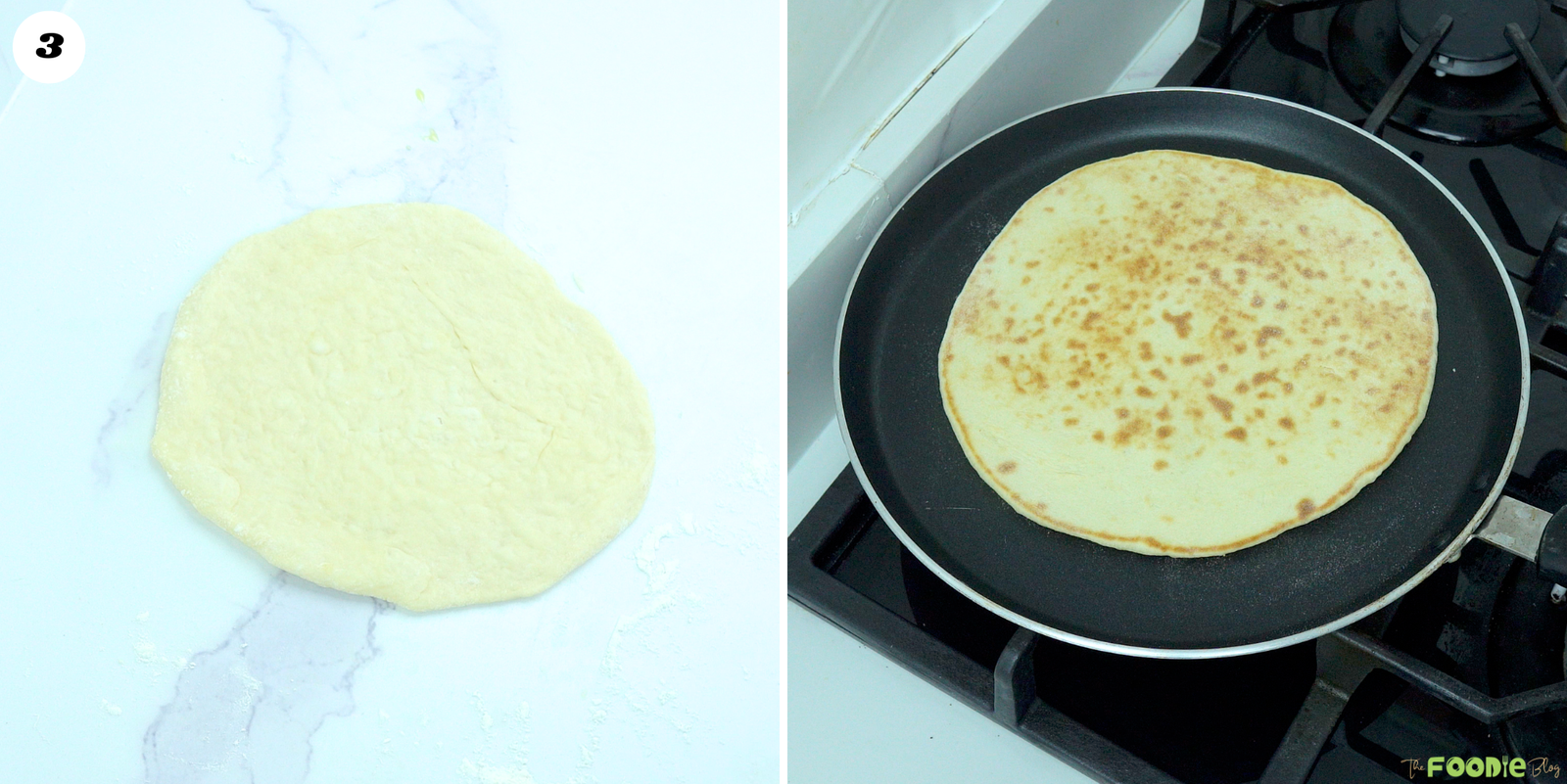 Cheese-filled naan dough rolled into a round and cooked in a hot skillet until golden brown.