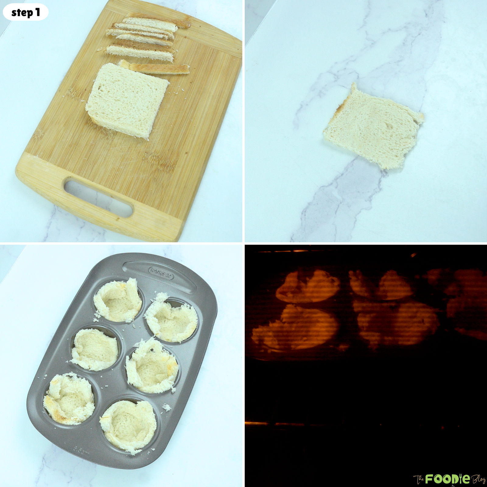 Step-by-step process for cutting white bread, pressing it into a muffin tin, and baking the bread cups.