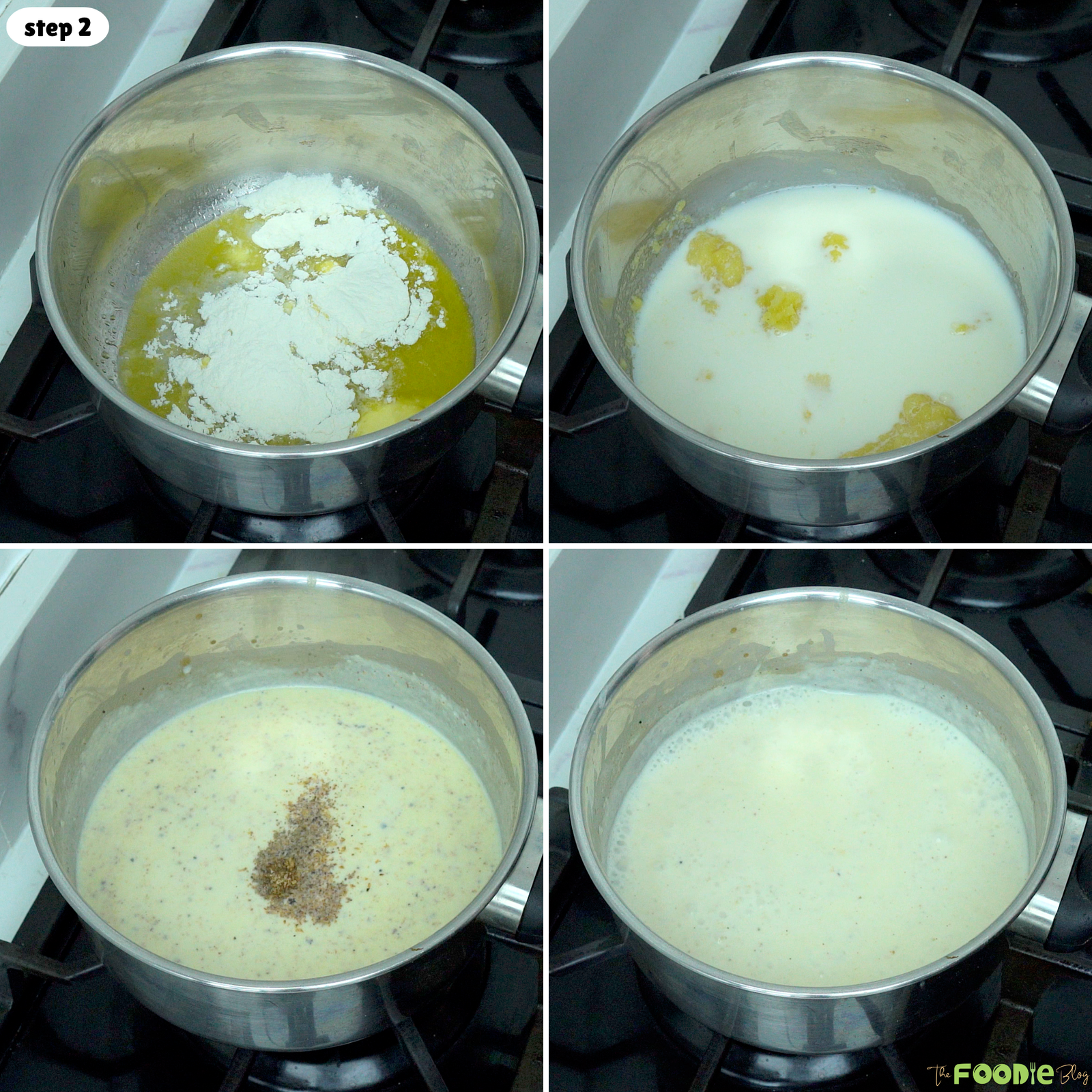 Step-by-step process for making creamy cheese sauce with butter, flour, milk, pepper, and nutmeg.